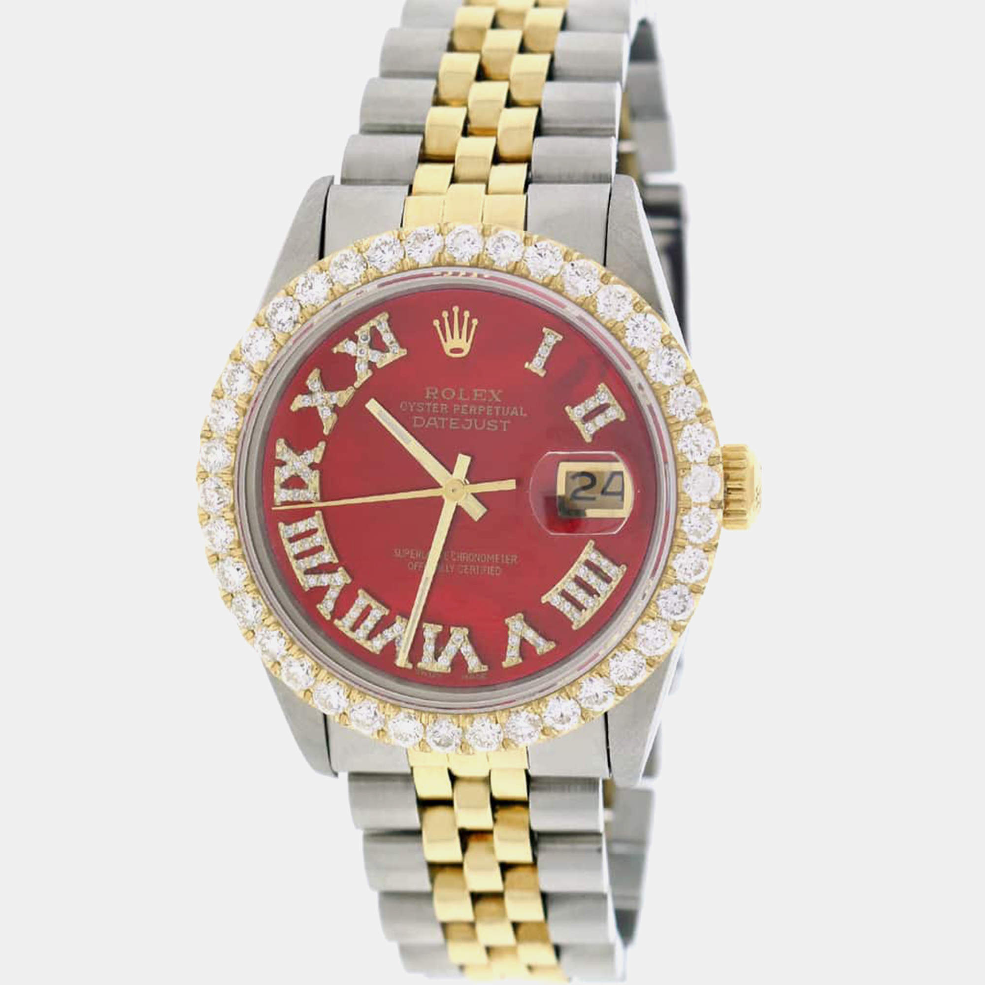 Rolex Customised Red MOP 3.10CT Diamond 18K Yellow Gold Stainless Steel Datejust  Automatic Men's Wristwatch 36mm