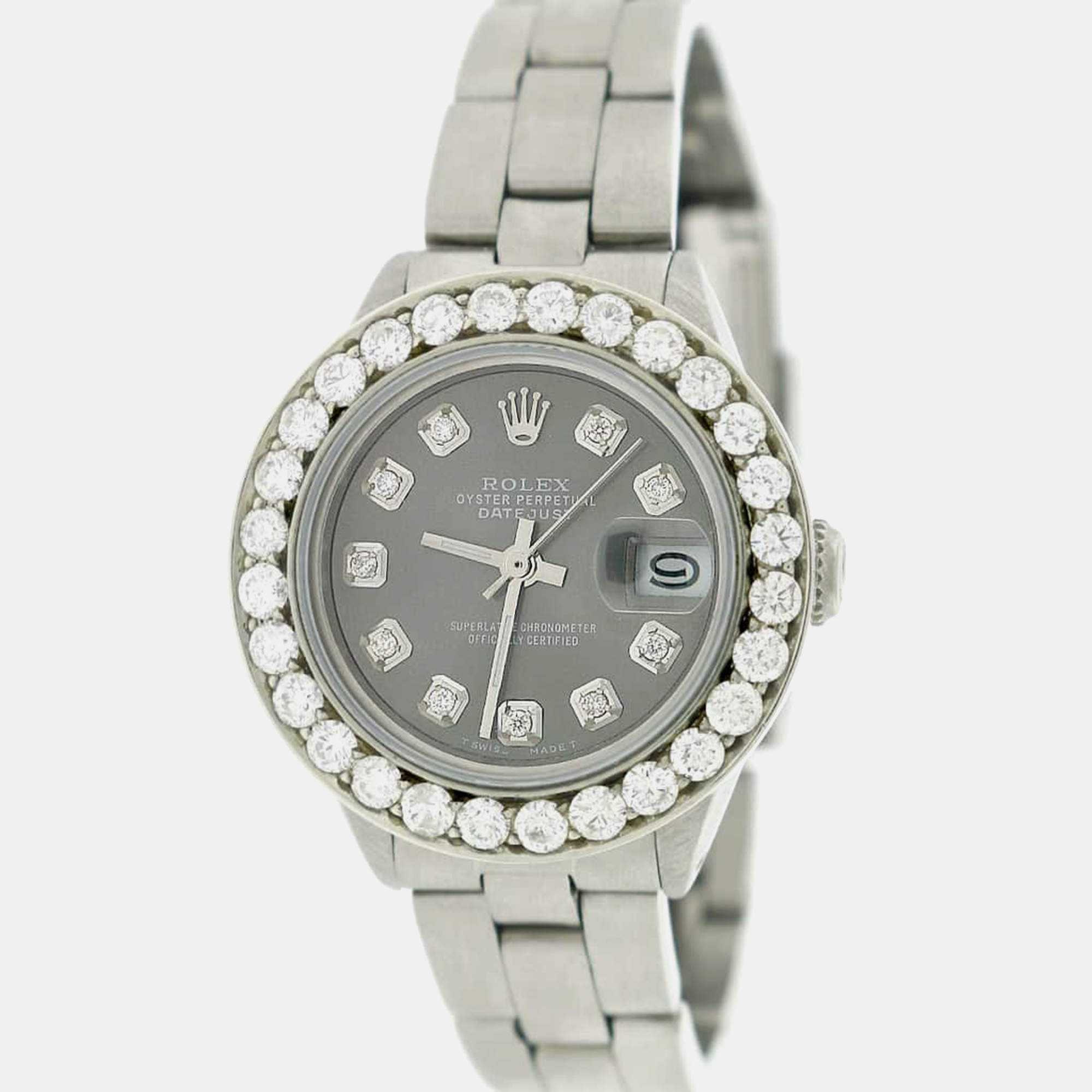 Rolex Customised Gray 1.96CT Diamond Stainless Steel Datejust  Automatic Women's Wristwatch 26mm