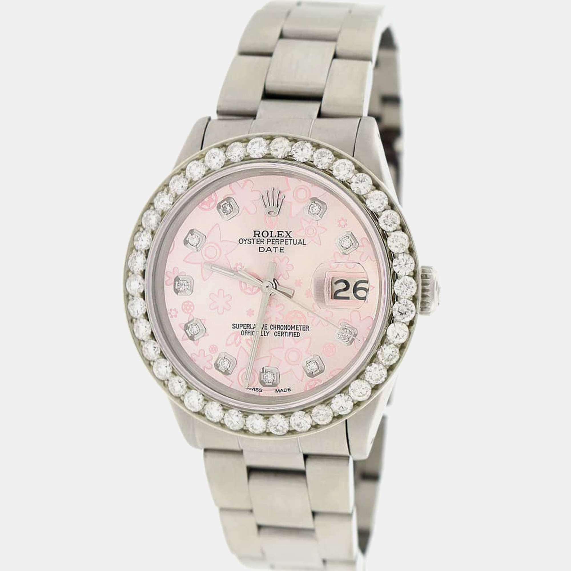 Rolex Customised Pink 2.7CT Diamond Stainless Steel Oyster Perpetual Date  Automatic Men's Wristwatch 34mm