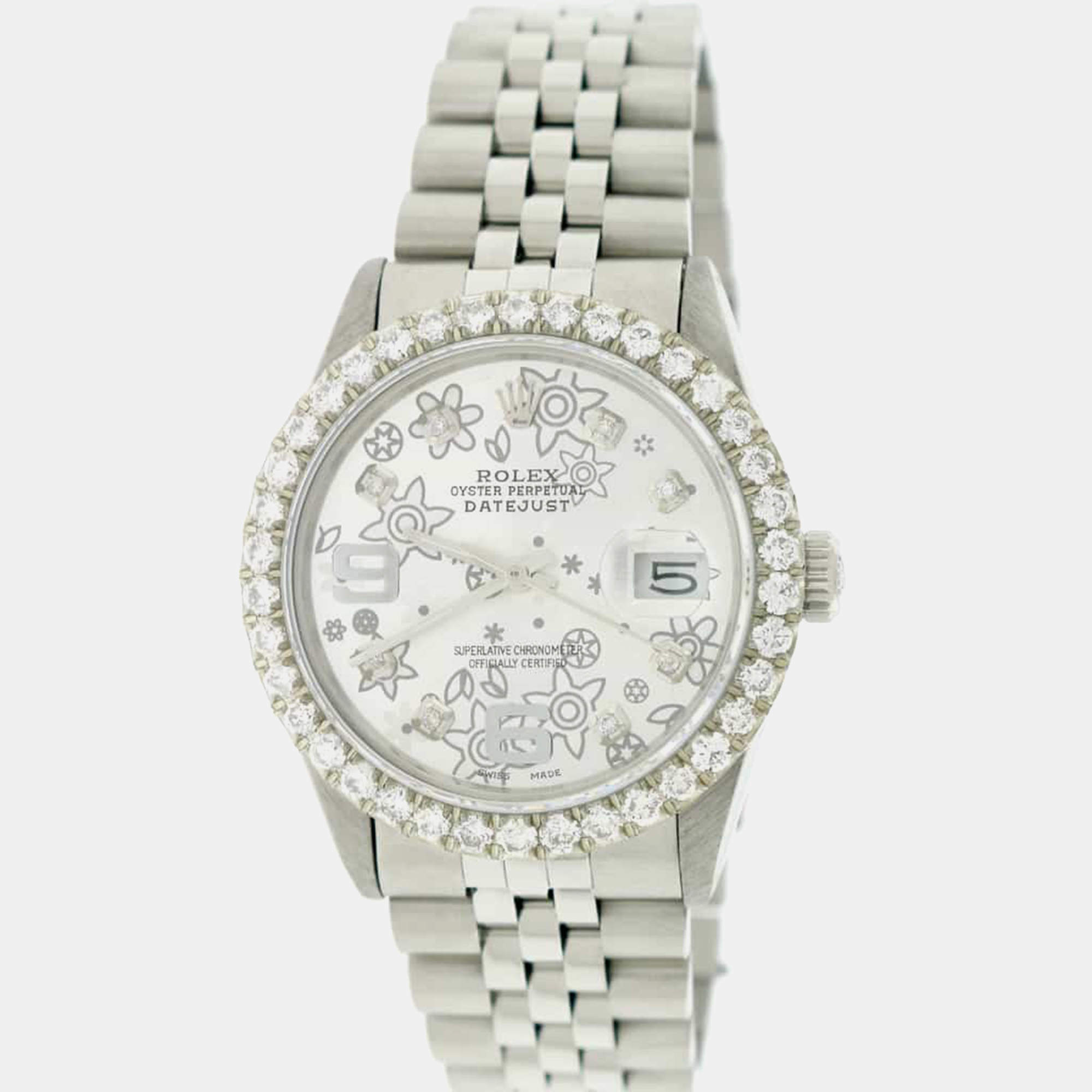 Rolex Customised Silver 2.8CT Diamond Stainless Steel Datejust  Automatic Men's Wristwatch 36MM