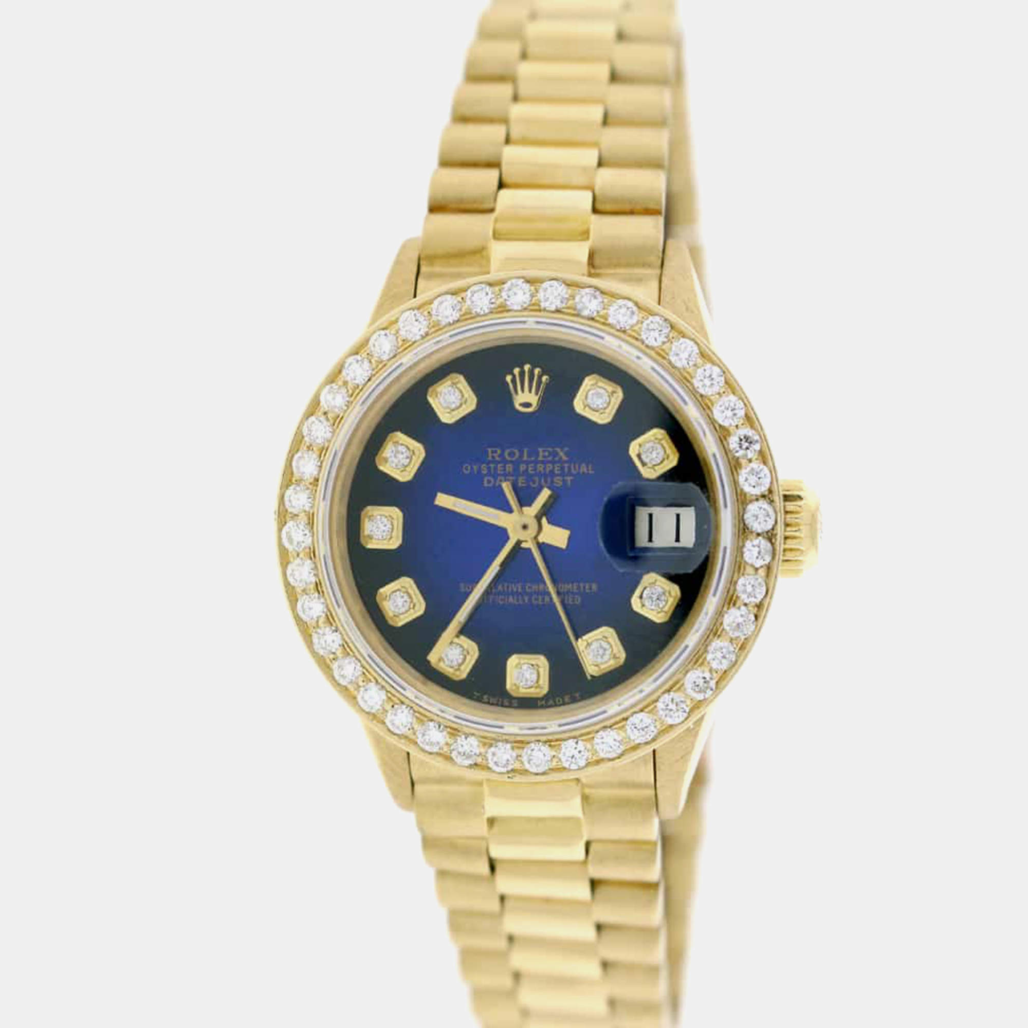 Rolex Customised Blue Diamond 18K Yellow Gold President Datejust  Automatic Women's Wristwatch 26MM