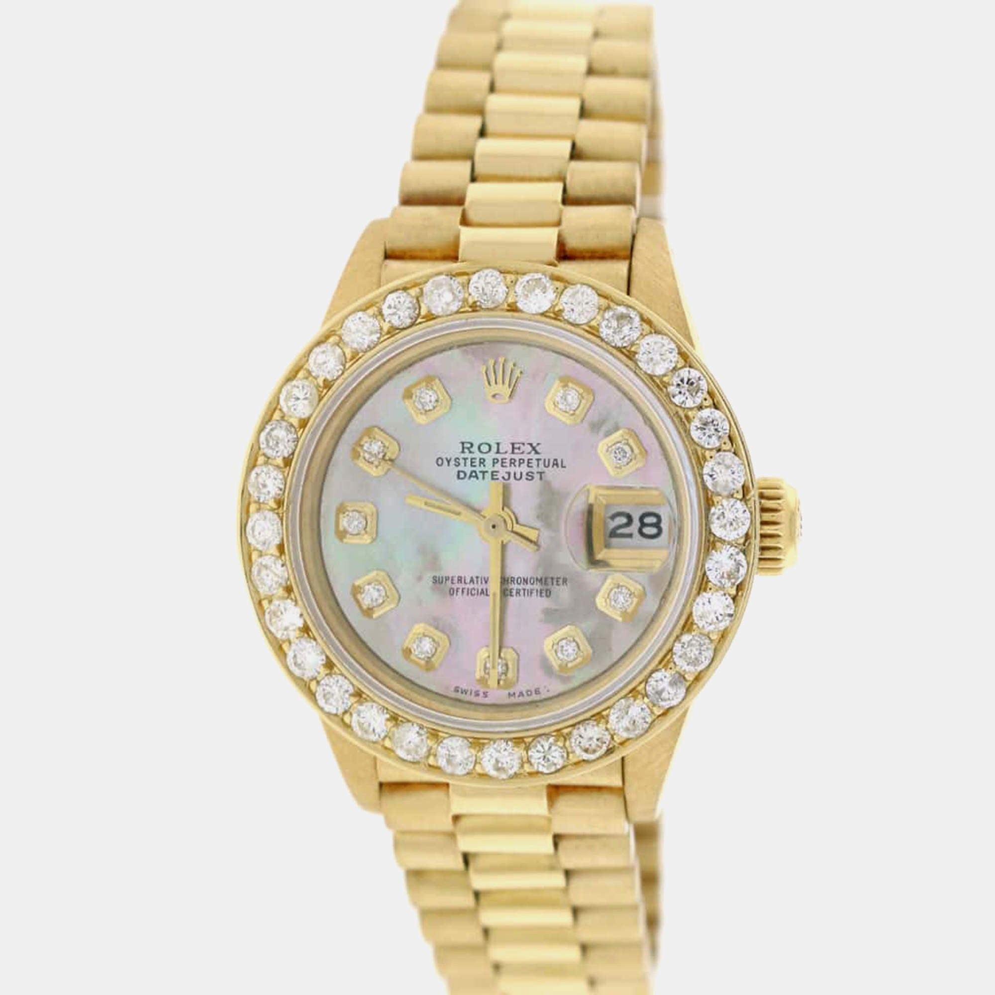 Rolex Customised Tahitian MOP Diamond 18K Yellow Gold President Datejust  Automatic Women's Wristwatch 26MM