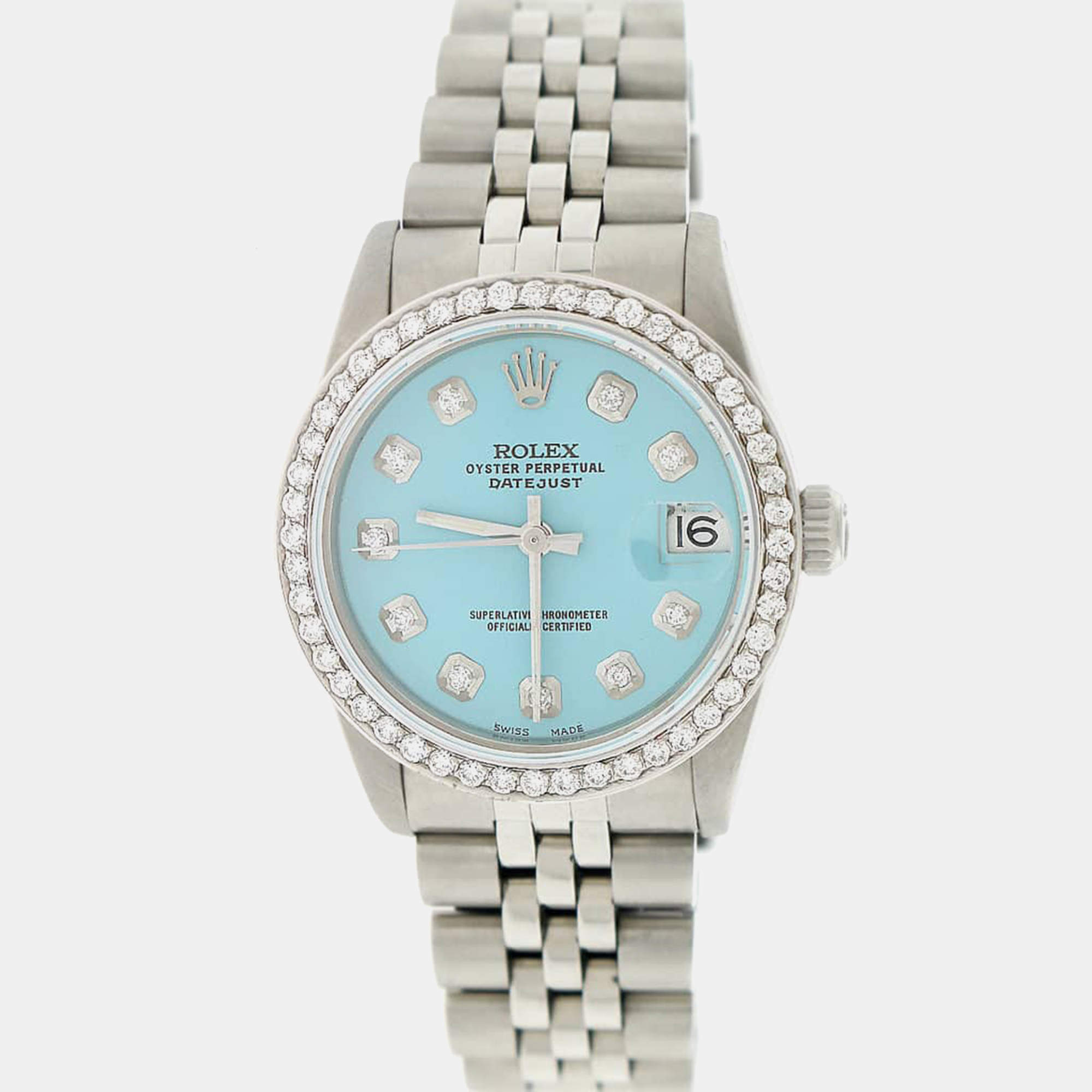 Rolex Customised Blue Diamond Stainless Steel Datejust  Automatic Women's Wristwatch 31MM