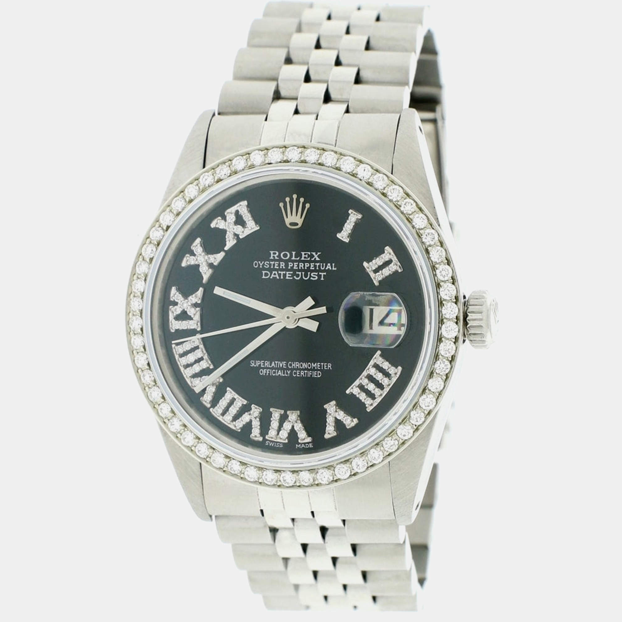 Rolex Customised Black Diamond Stainless Steel Datejust  Automatic Men's Wristwatch 36MM