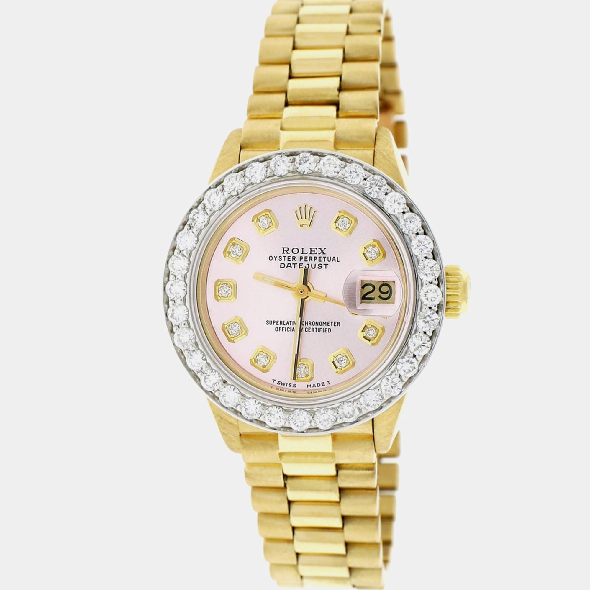 Rolex Customised Pink 1.35CT Diamond 18K Yellow Gold President Datejust  Automatic Women's Wristwatch 26MM