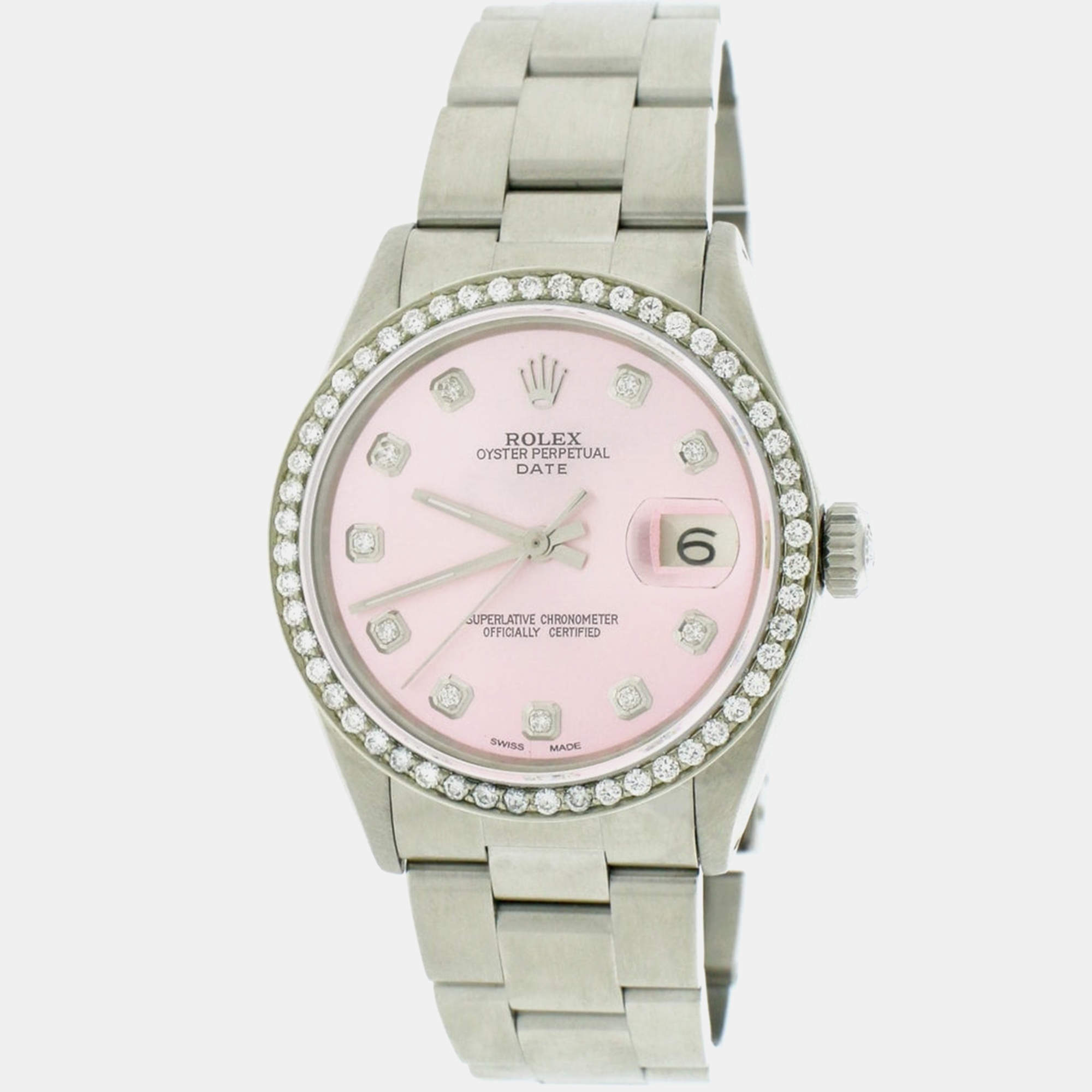 Rolex Customised Pink Diamond Stainless Steel Oyster Perpetual Date  Automatic Men's Wristwatch 34mm