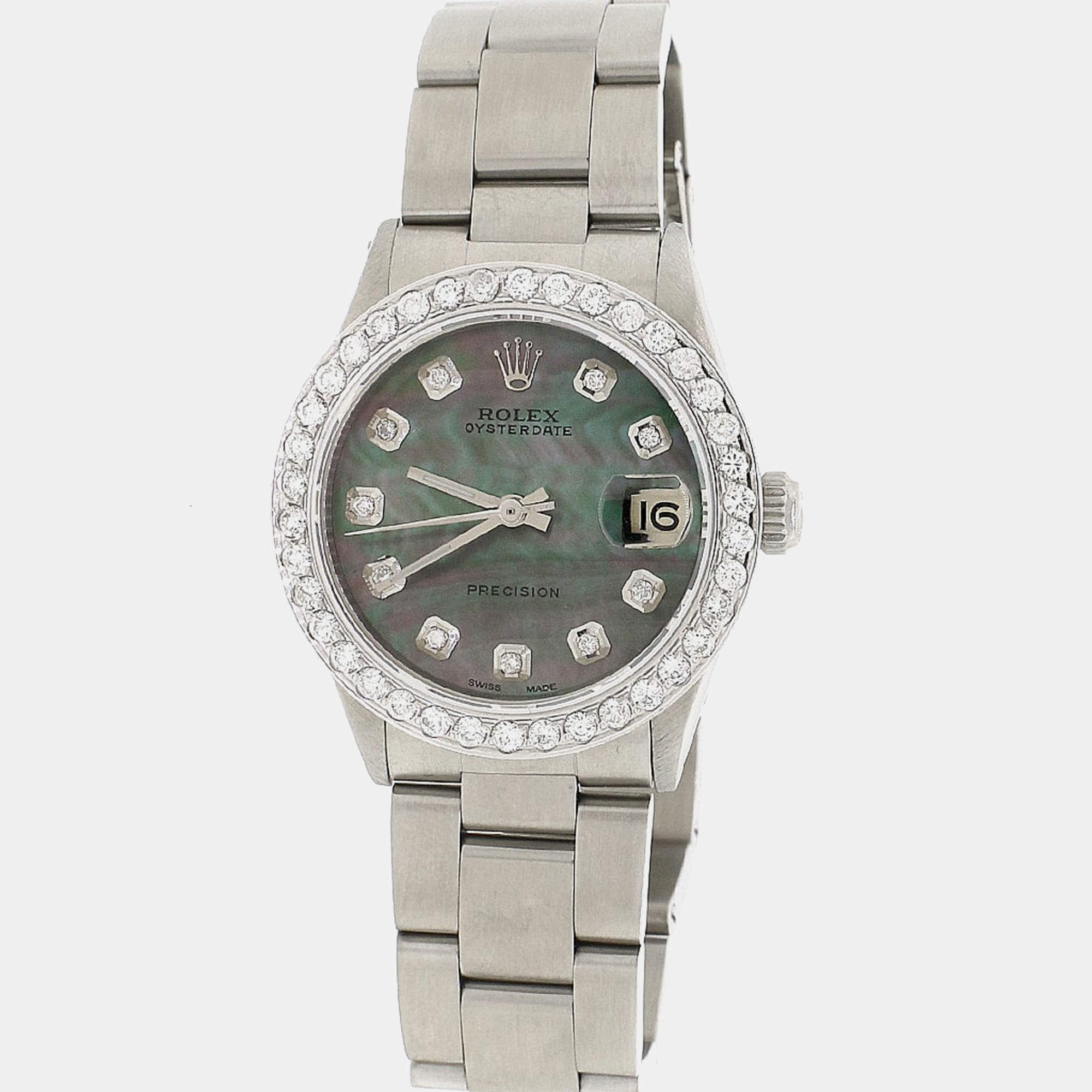 Rolex Customised Tahitian MOP 1.52CT Diamond Stainless Steel Date 6466 Automatic Women's Wristwatch 31mm