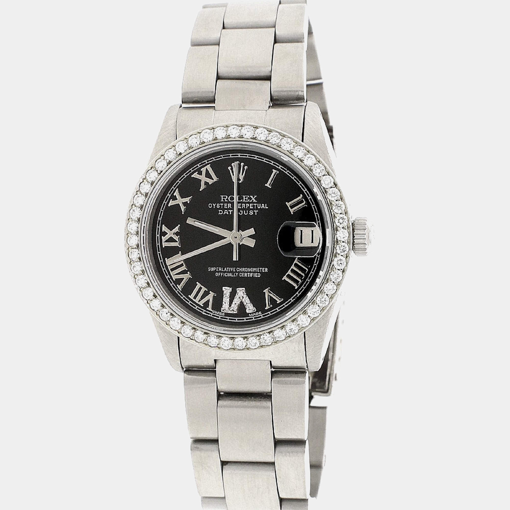 Rolex Customised Black Diamond Stainless Steel Datejust  Automatic Women's Wristwatch 31MM