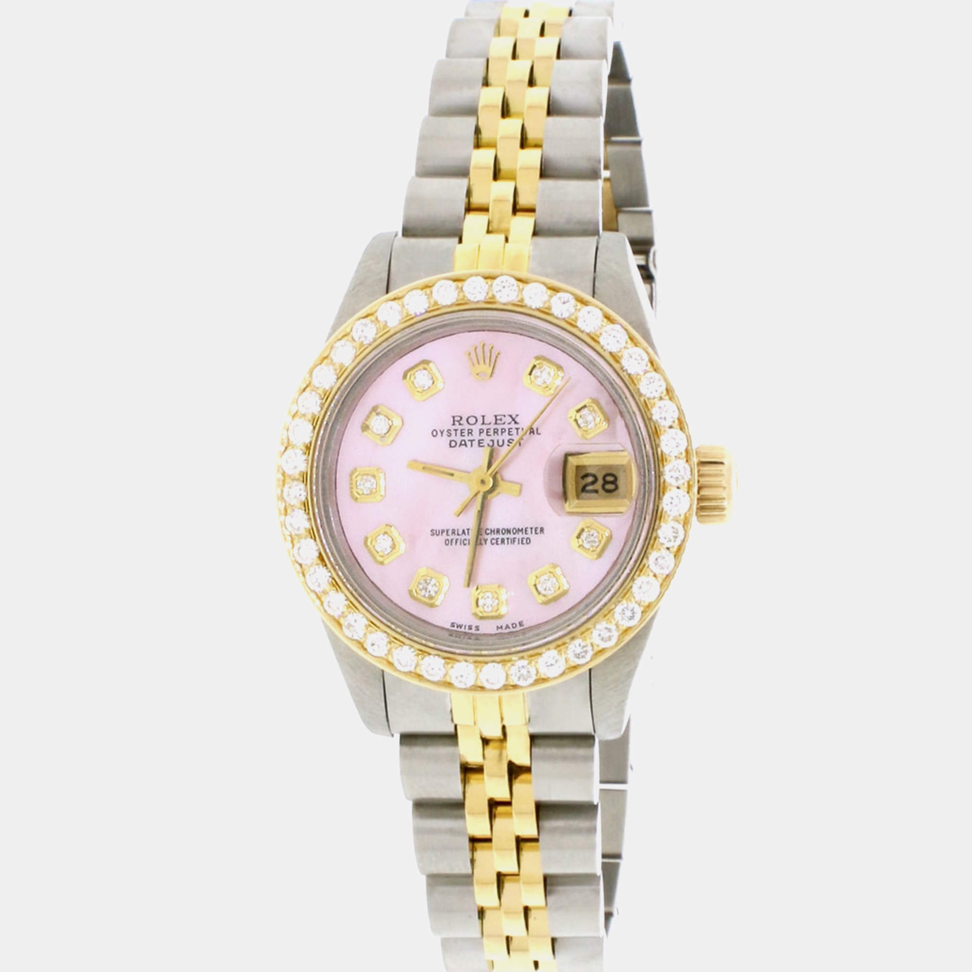 Rolex Customised Aqua MOP Diamond 18K Yellow Gold Stainless Steel Datejust  Automatic Women's Wristwatch 26mm