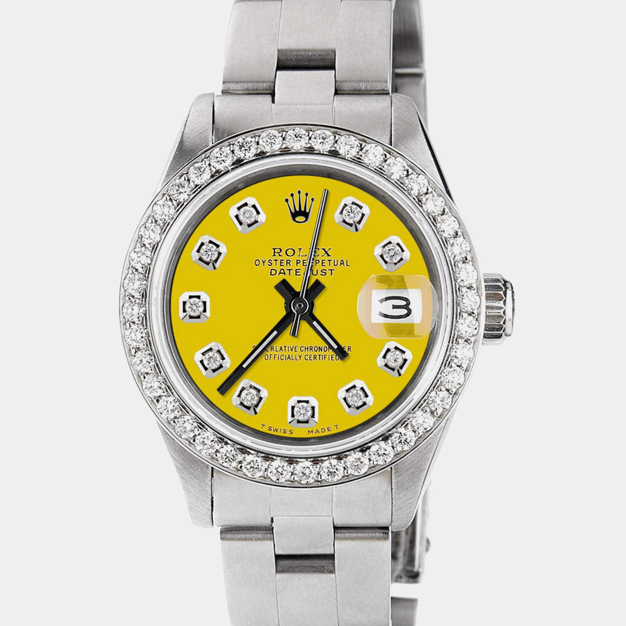 Rolex Customised Lemon Yellow Diamond Stainless Steel Datejust  Automatic Women's Wristwatch 26mm