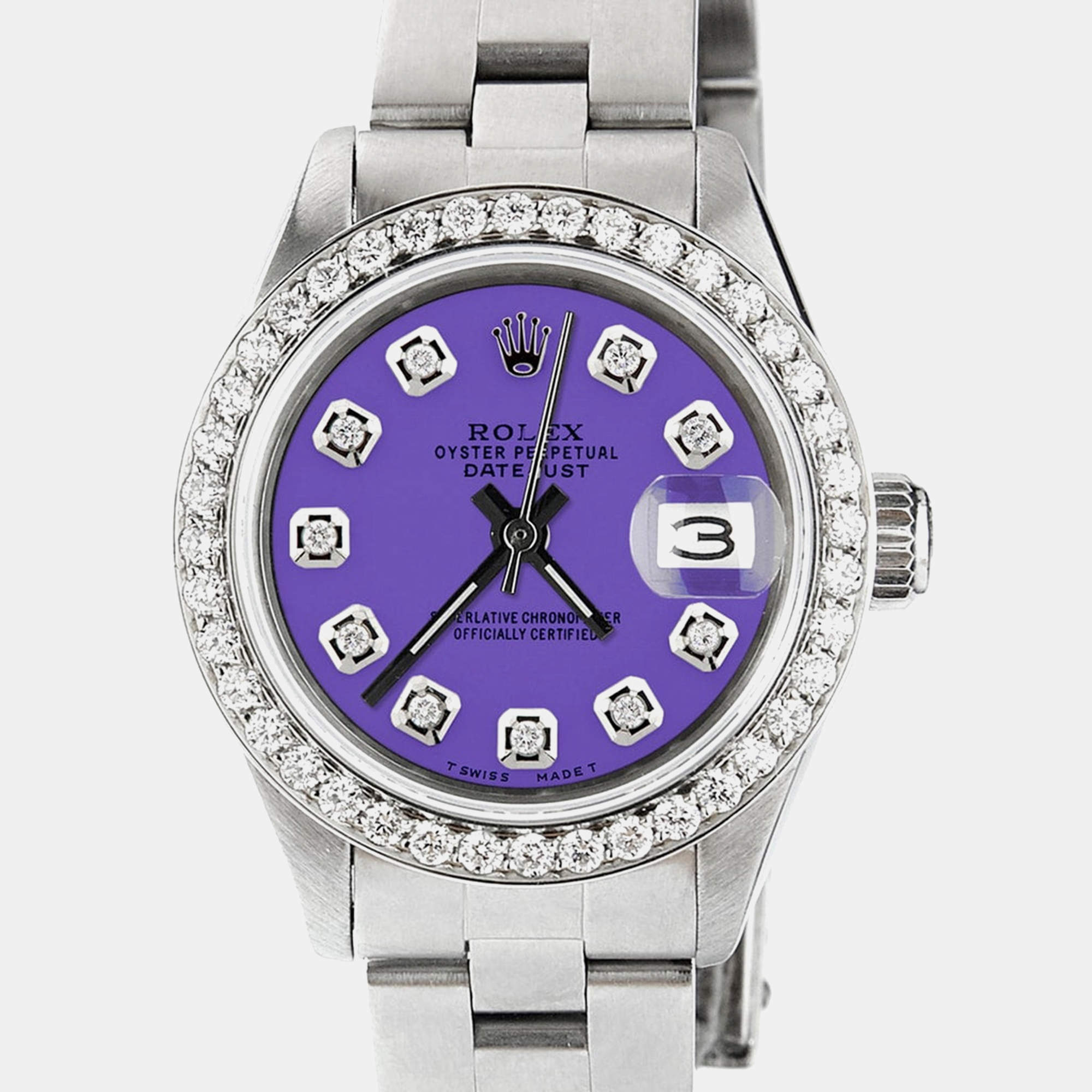 Rolex Customised Lavender Diamond Stainless Steel Datejust  Automatic Women's Wristwatch 26mm