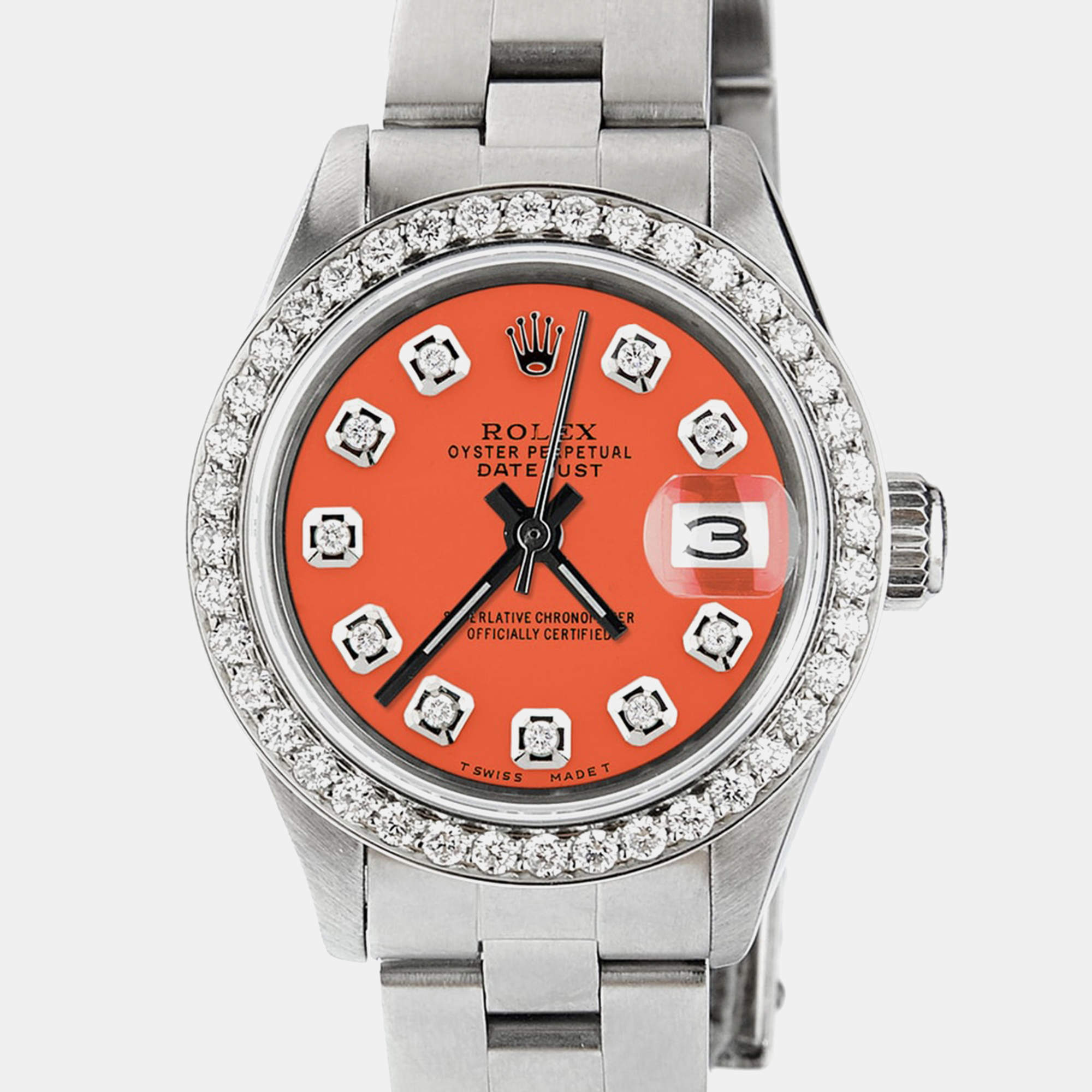 Rolex Customised Tiger Orange Diamond Stainless Steel Datejust  Automatic Women's Wristwatch 26mm