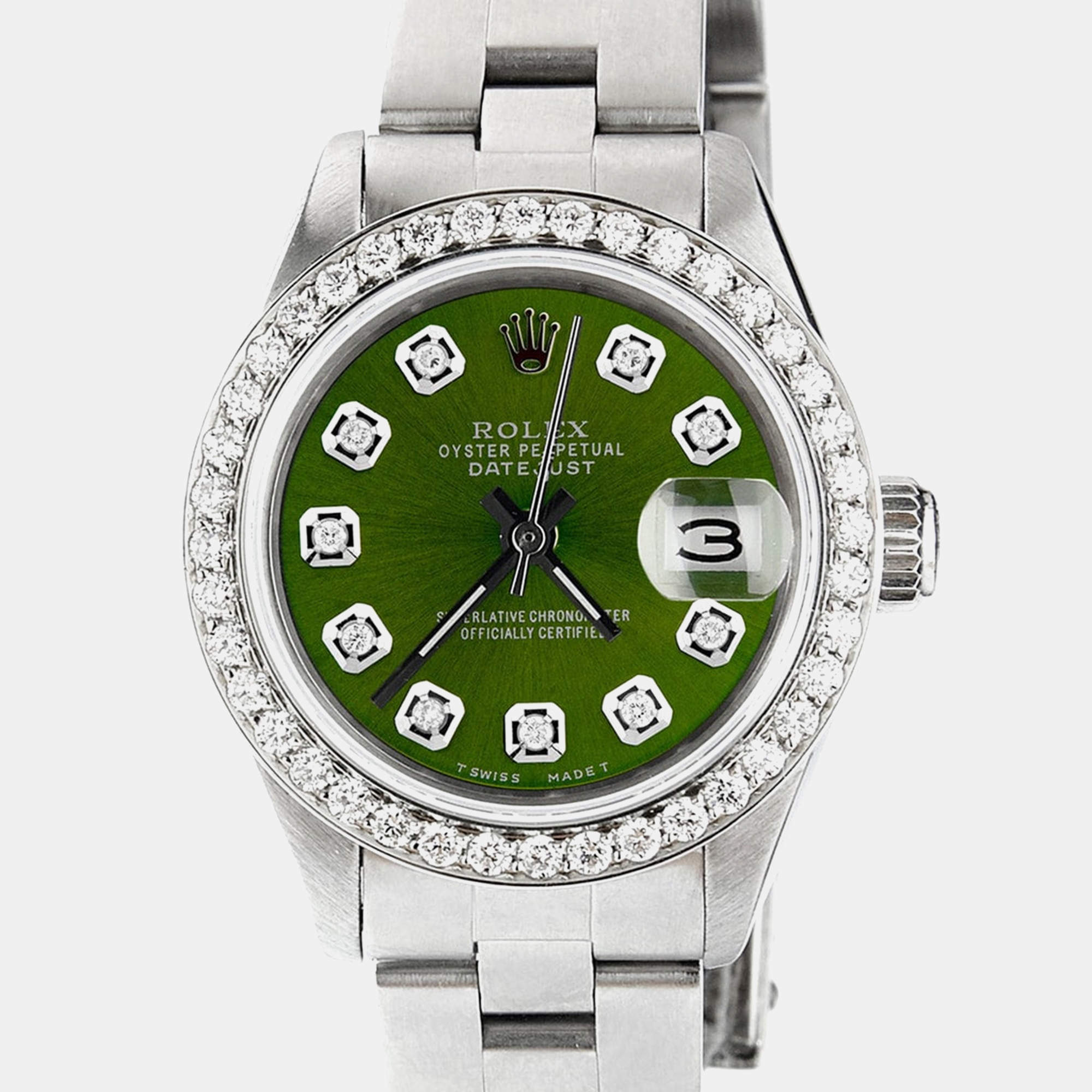 Rolex Customised Chartreuse Green Diamond Stainless Steel Datejust  Automatic Women's Wristwatch 26mm