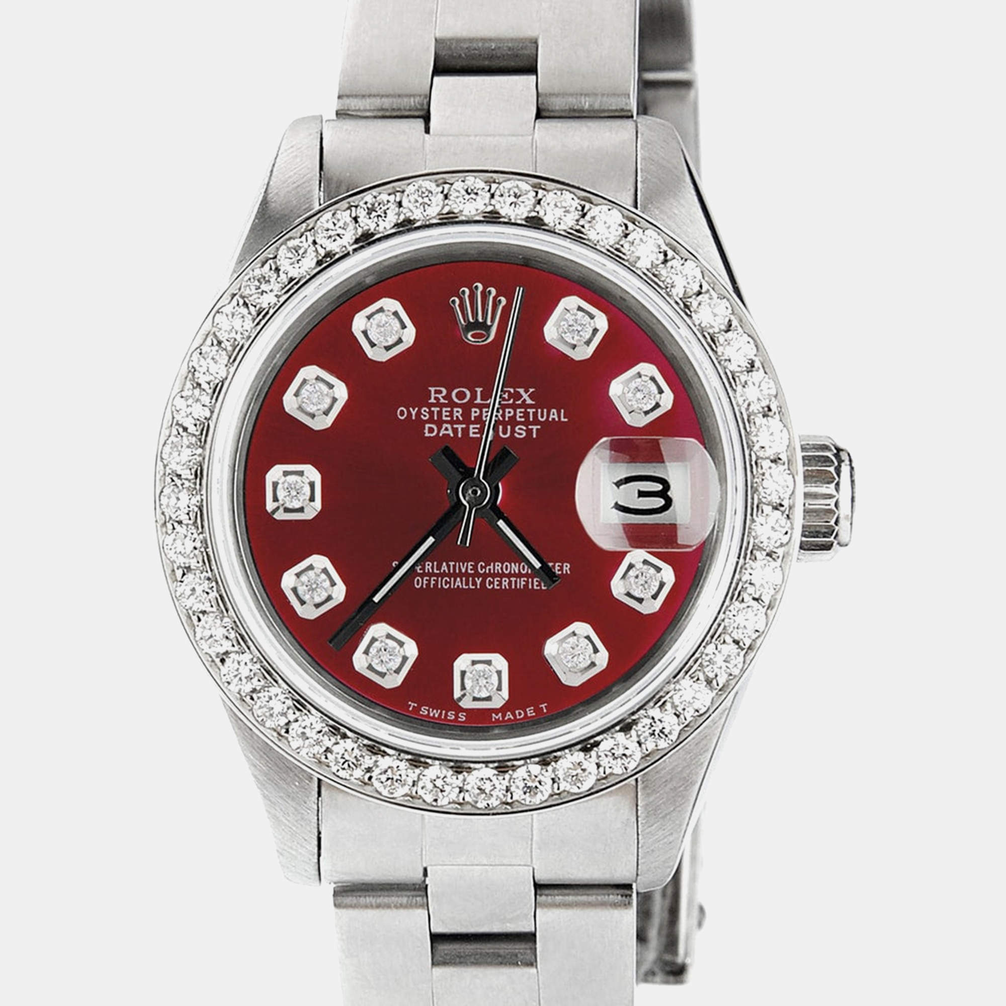 Rolex Customised Merlot Red Diamond Stainless Steel Datejust  Automatic Women's Wristwatch 26mm