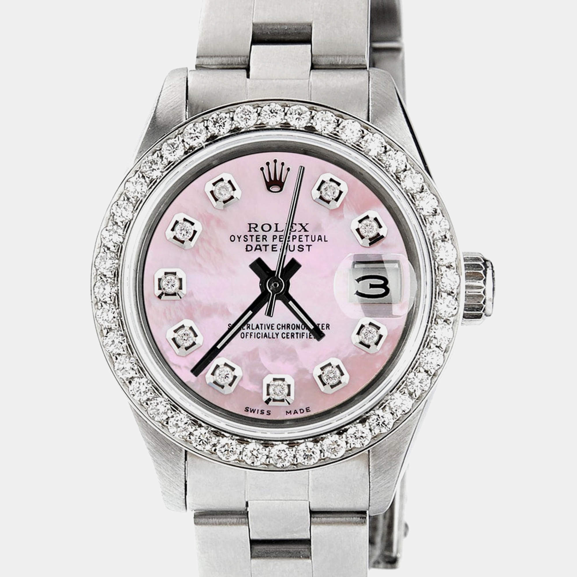 Rolex Customised Pink MOP Diamond Stainless Steel Datejust  Automatic Women's Wristwatch 26mm