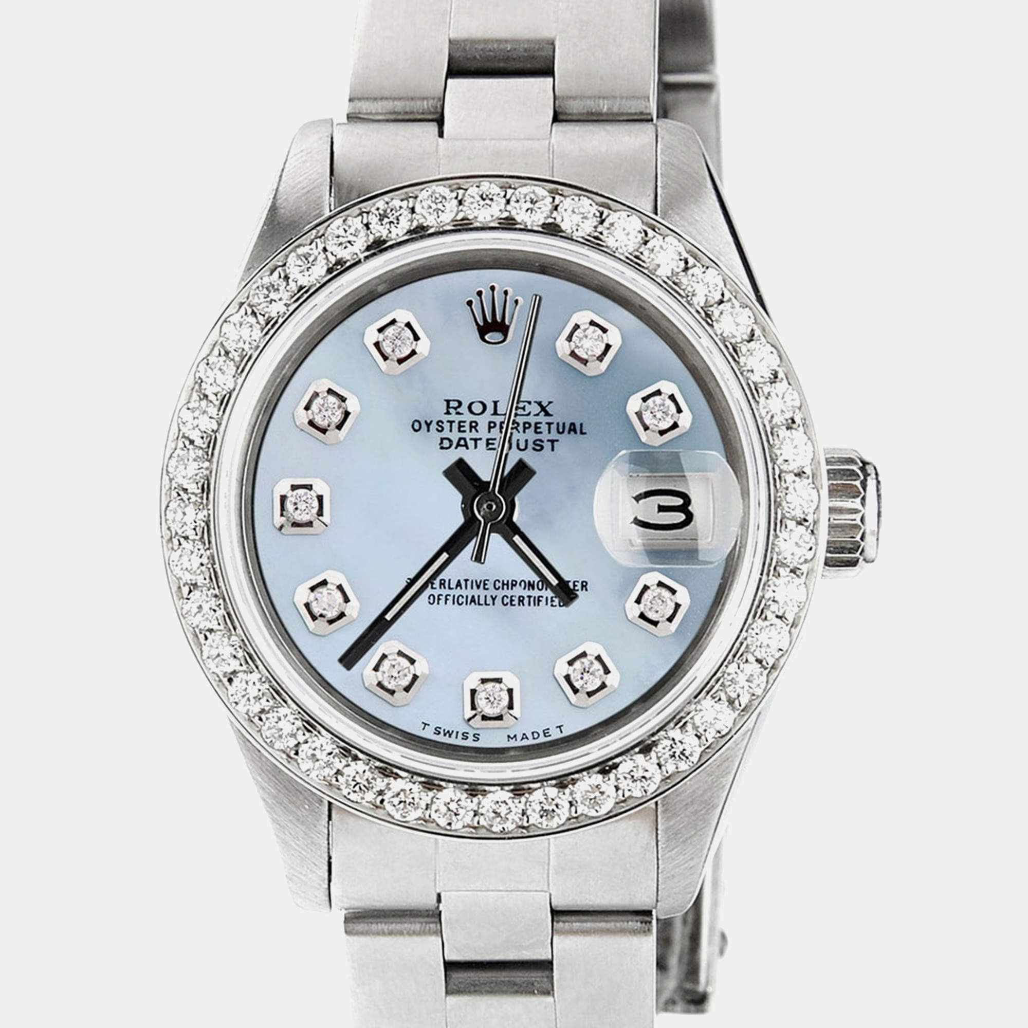 Rolex Customised Blue MOP Diamond Stainless Steel Datejust  Automatic Women's Wristwatch 26mm