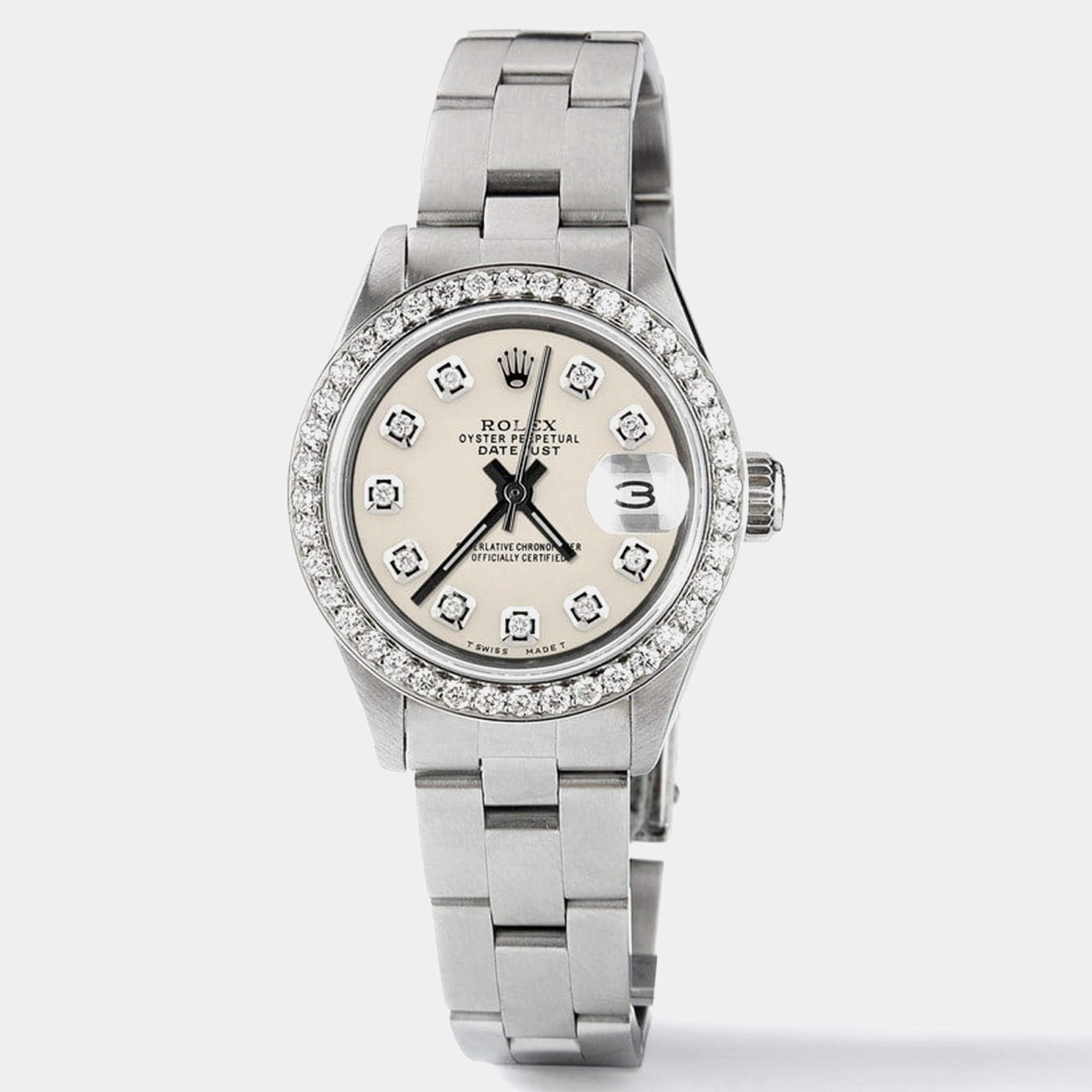Rolex Customised Ivory Diamond Stainless Steel Datejust  Automatic Women's Wristwatch 26mm