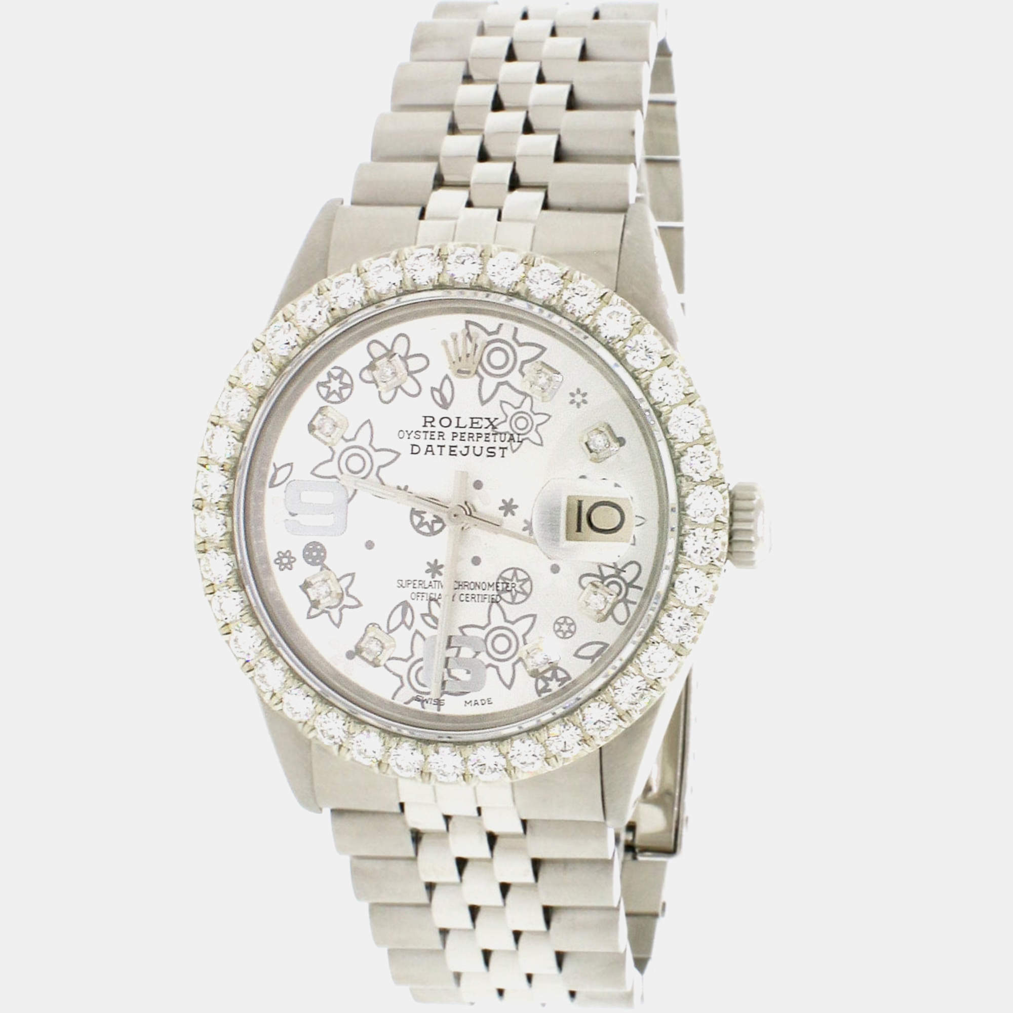 Rolex Customised Silver 2.7CT Diamond Stainless Steel Datejust  Automatic Men's Wristwatch 36MM