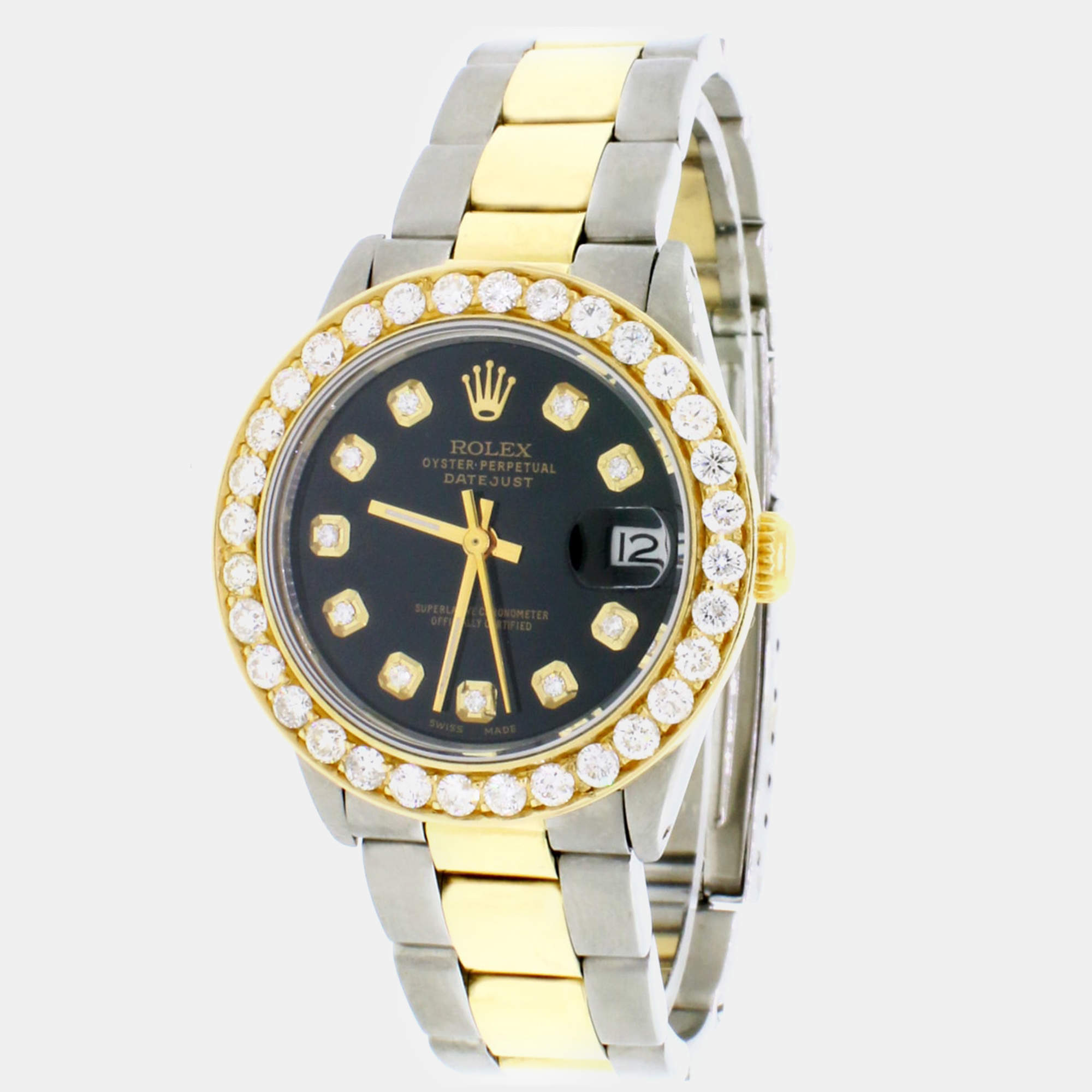 Rolex Customised Black Diamond 18K Yellow Gold Stainless Steel Datejust 6824 Automatic Women's Wristwatch 31mm