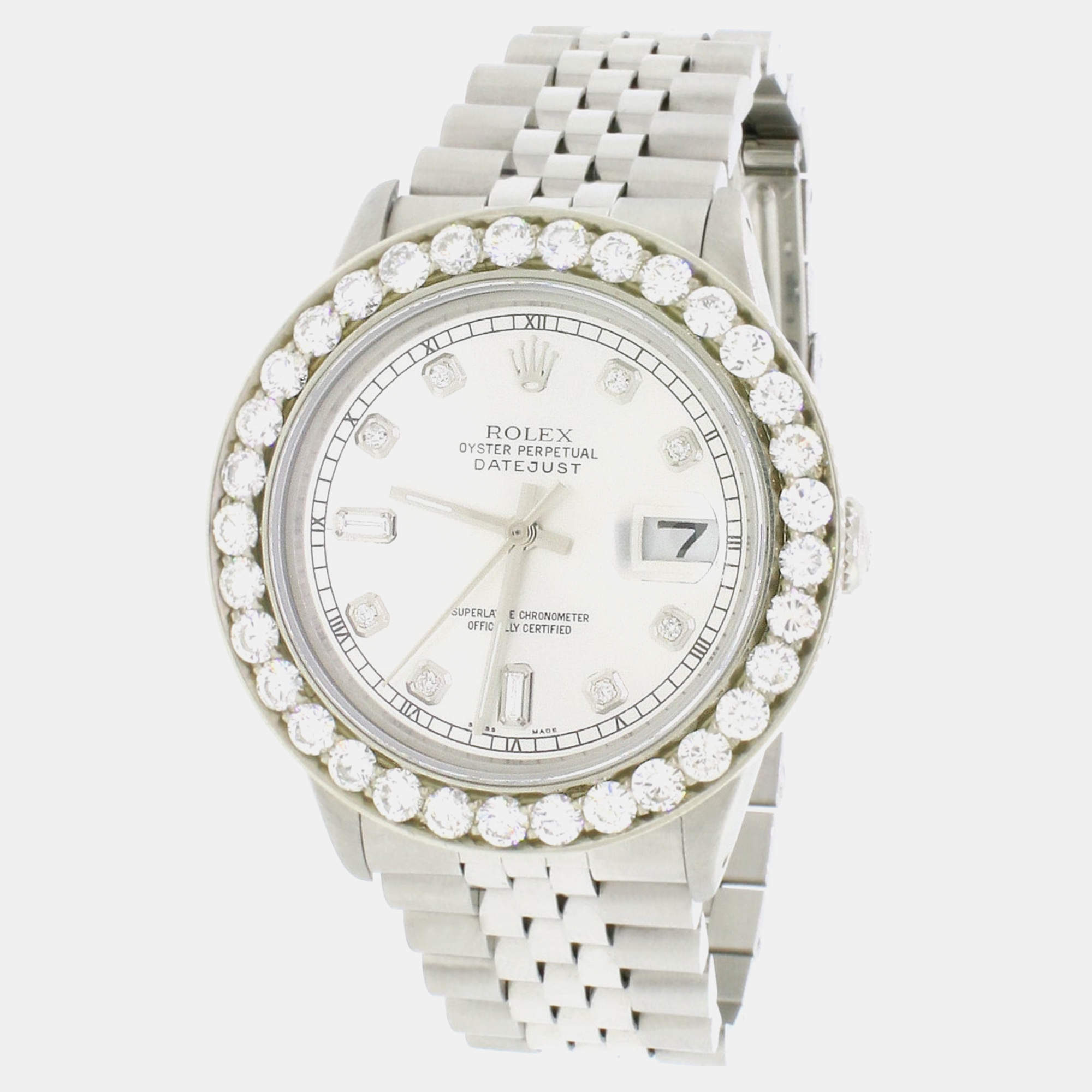 Rolex Customised Silver 3.95CT Diamond Stainless Steel Datejust  Automatic Men's Wristwatch 36mm