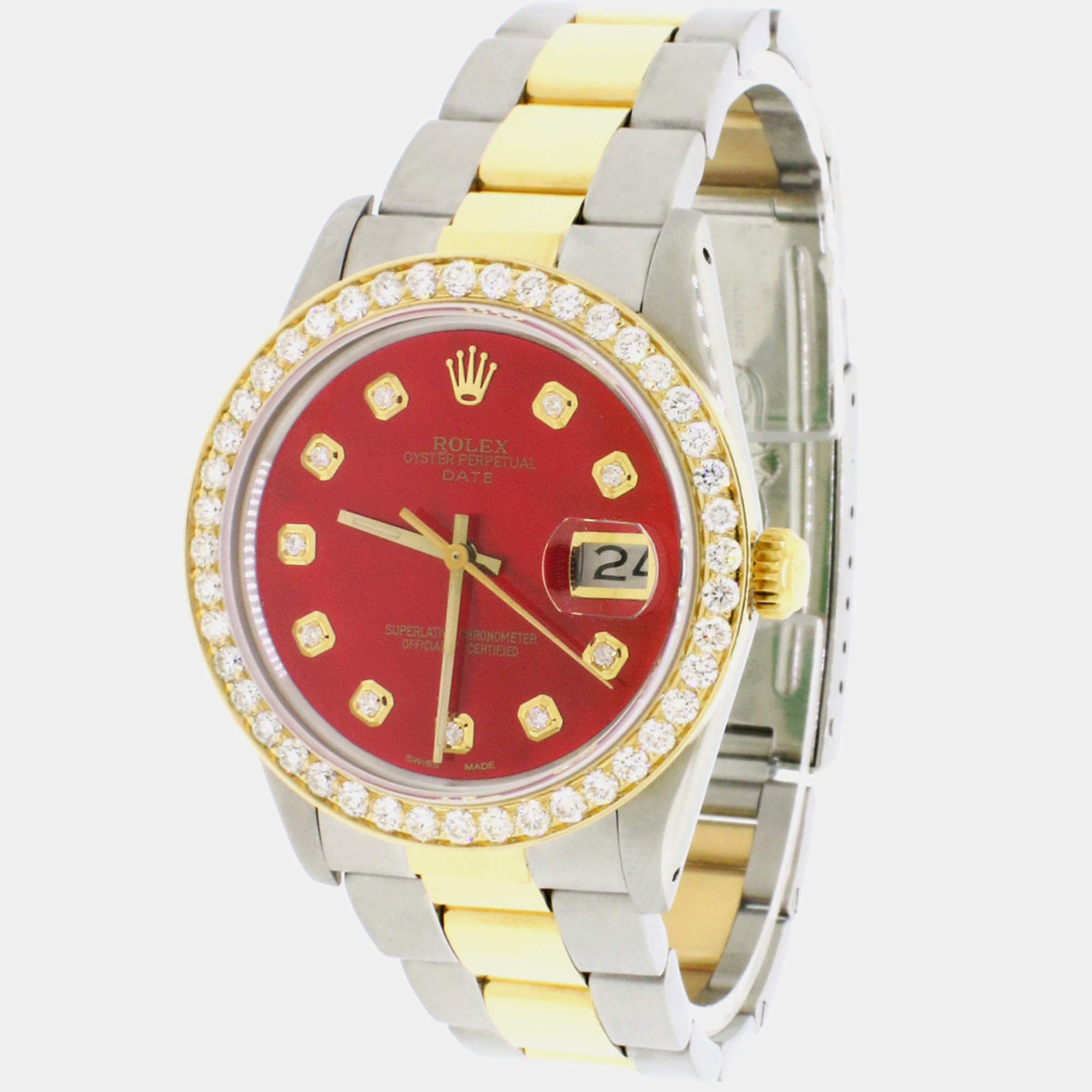 Rolex Customised Red MOP 1.8CT Diamond 18K Yellow Gold Stainless Steel Oyster Perpetual Date  Automatic Men's Wristwatch 34mm