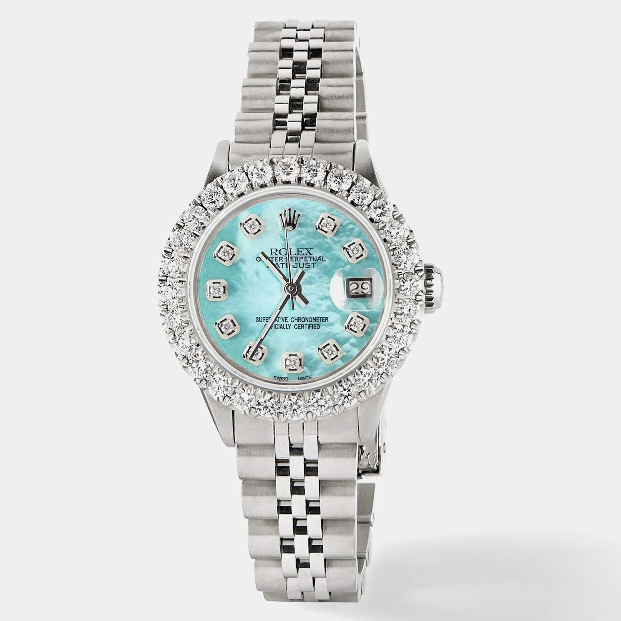 Rolex Customised Aquamarine MOP 2CT Diamond Stainless Steel Datejust  Automatic Women's Wristwatch 26mm