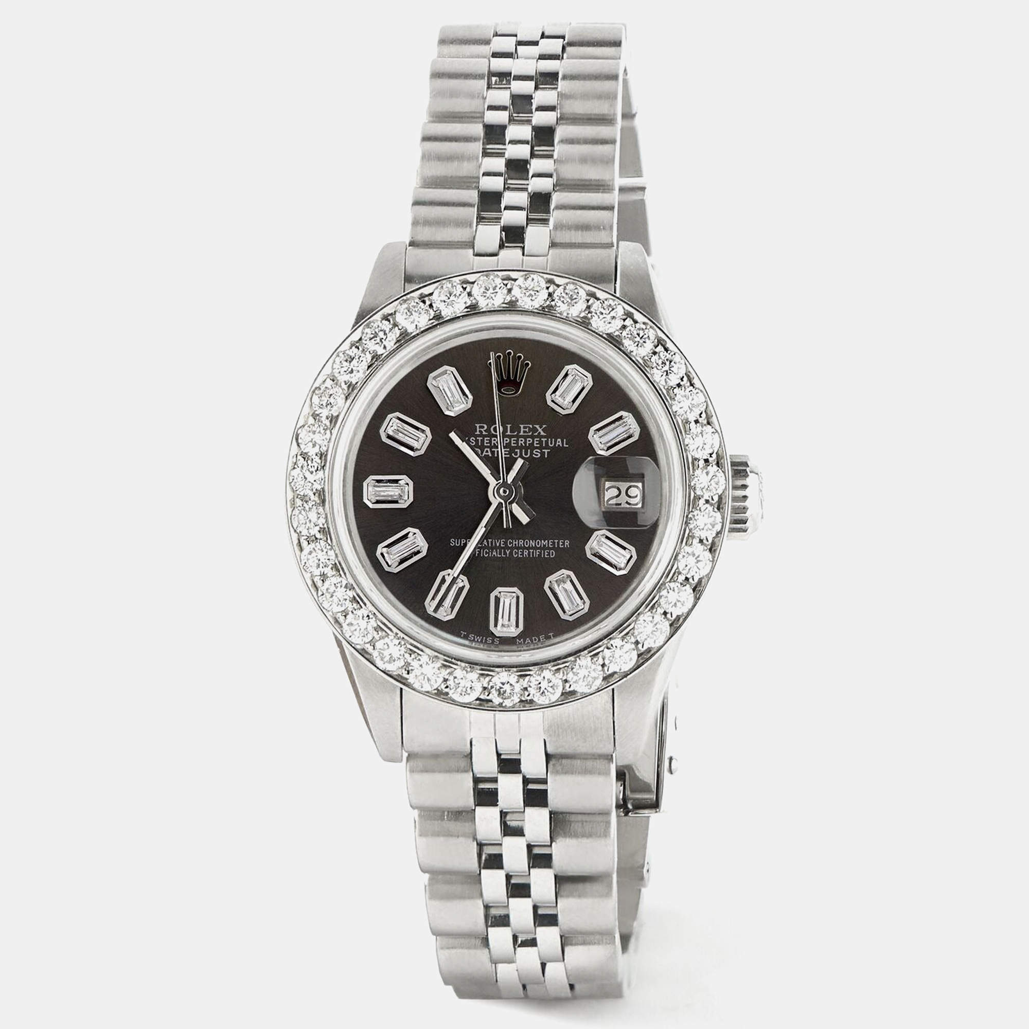 Rolex Customised Grey 1.3CT Diamond Stainless Steel Datejust  Automatic Women's Wristwatch 26mm