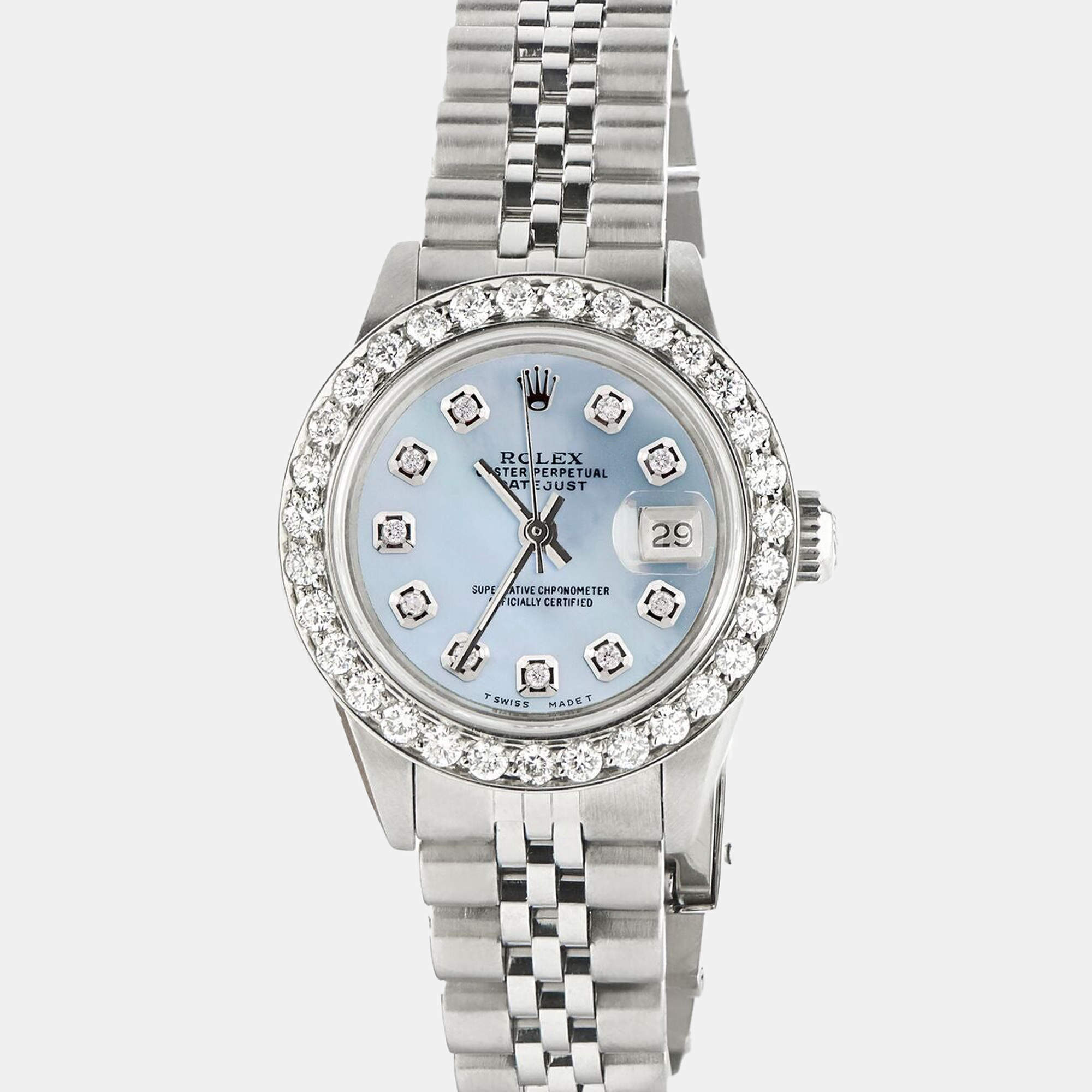 Rolex Customised Sky Blue MOP 1.3CT Diamond Stainless Steel Datejust  Automatic Women's Wristwatch 26mm