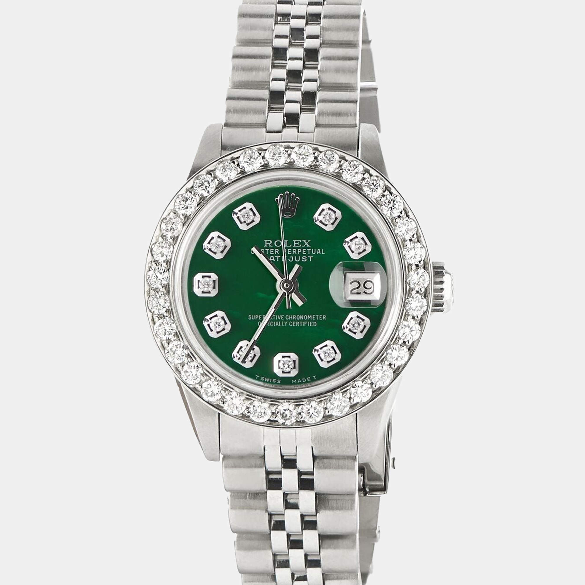 Rolex Customised Forest Green MOP 1.3CT Diamond Stainless Steel Datejust  Automatic Women's Wristwatch 26mm