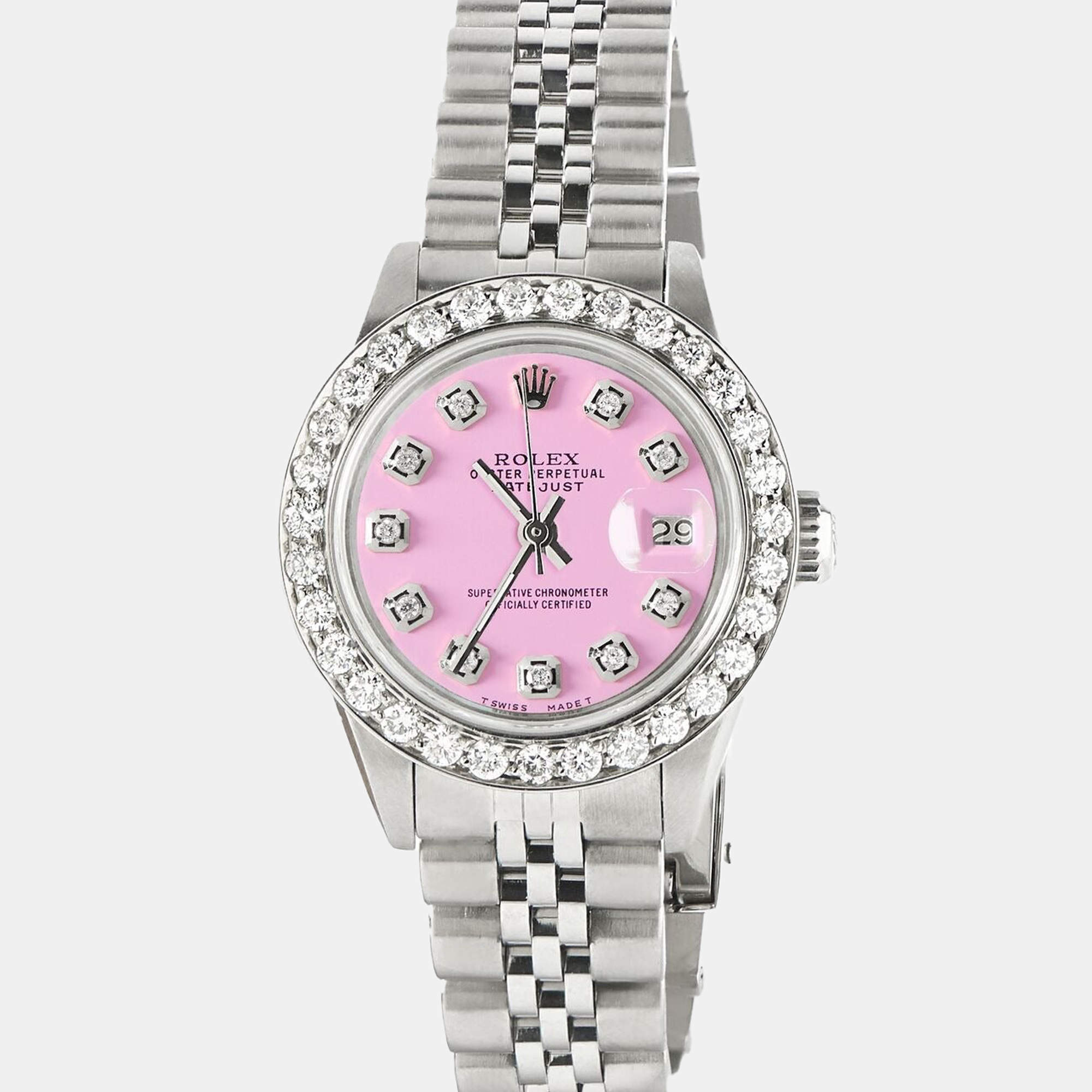 Rolex Customised Pink 1.3CT Diamond Stainless Steel Datejust  Automatic Women's Wristwatch 26mm