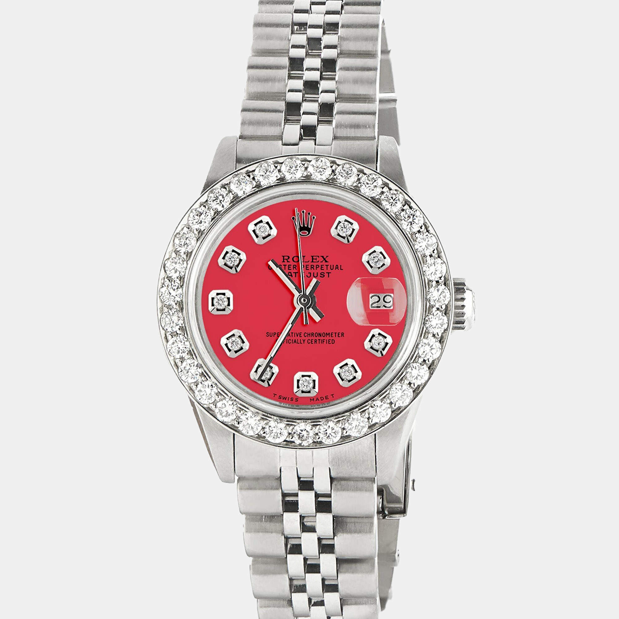 Rolex Customised Scarlet Red 1.3CT Diamond Stainless Steel Datejust  Automatic Women's Wristwatch 26mm