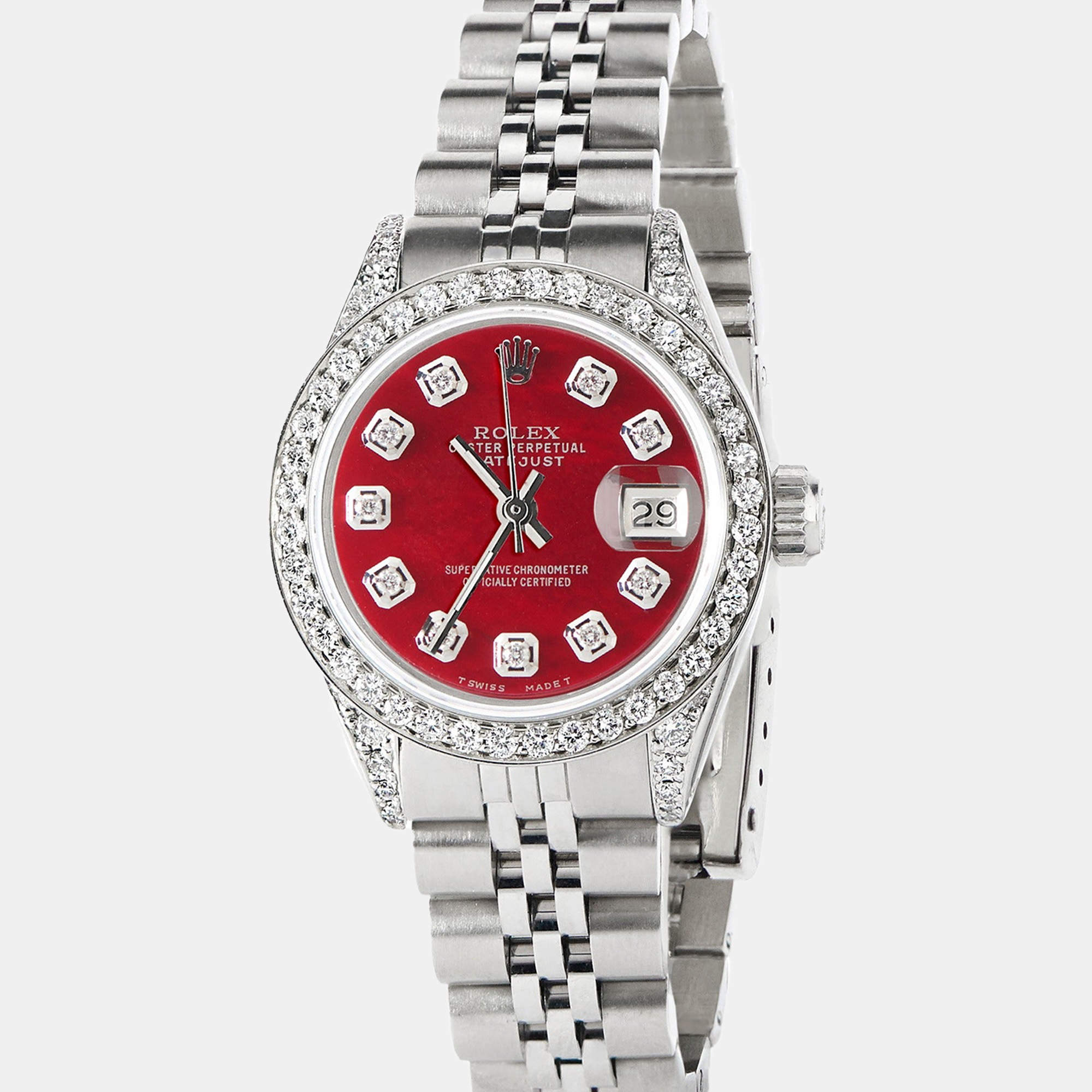 Rolex Customised Red MOP Diamond Stainless Steel Datejust  Automatic Women's Wristwatch 26mm