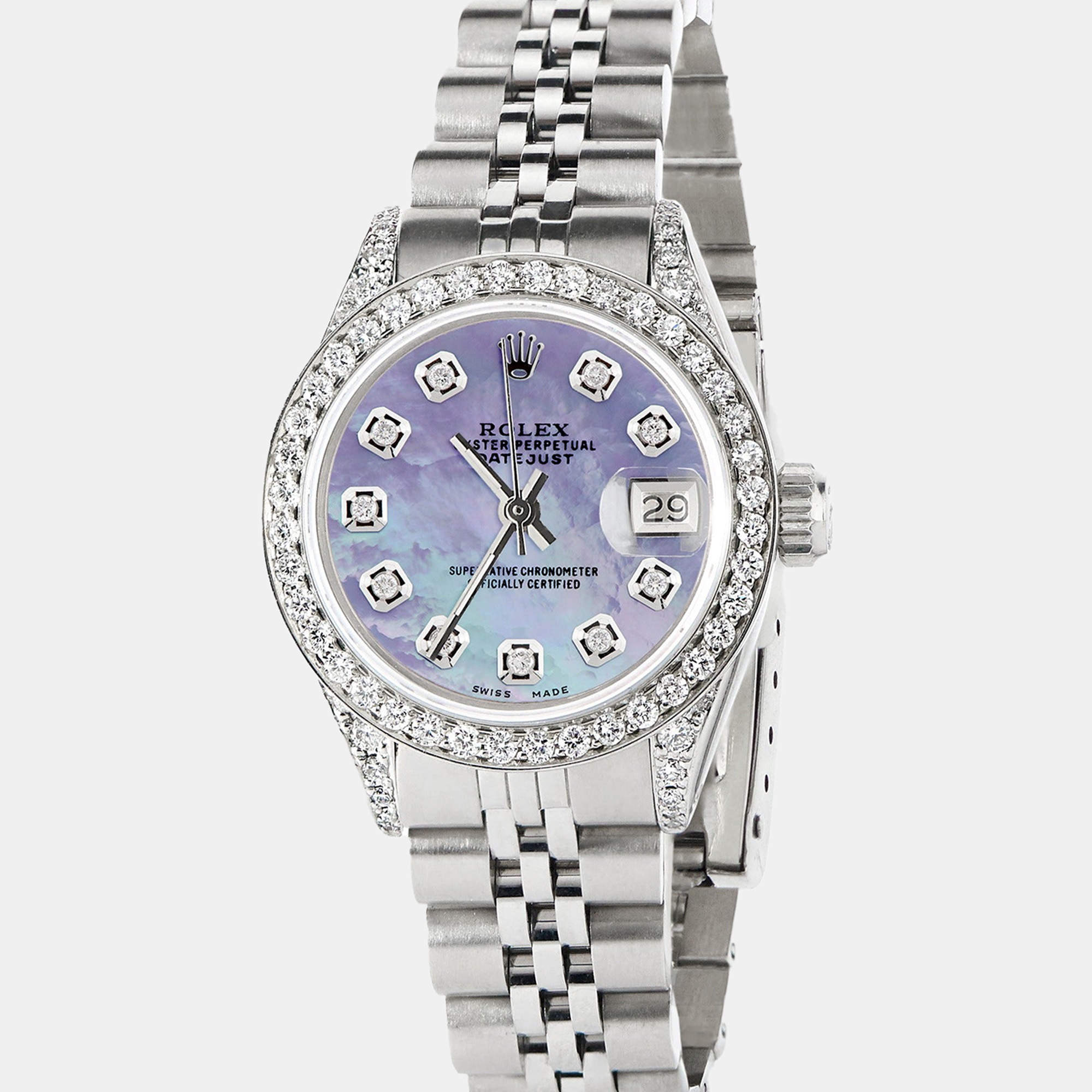 Rolex Customised Purple MOP Diamond Stainless Steel Datejust  Automatic Women's Wristwatch 26mm