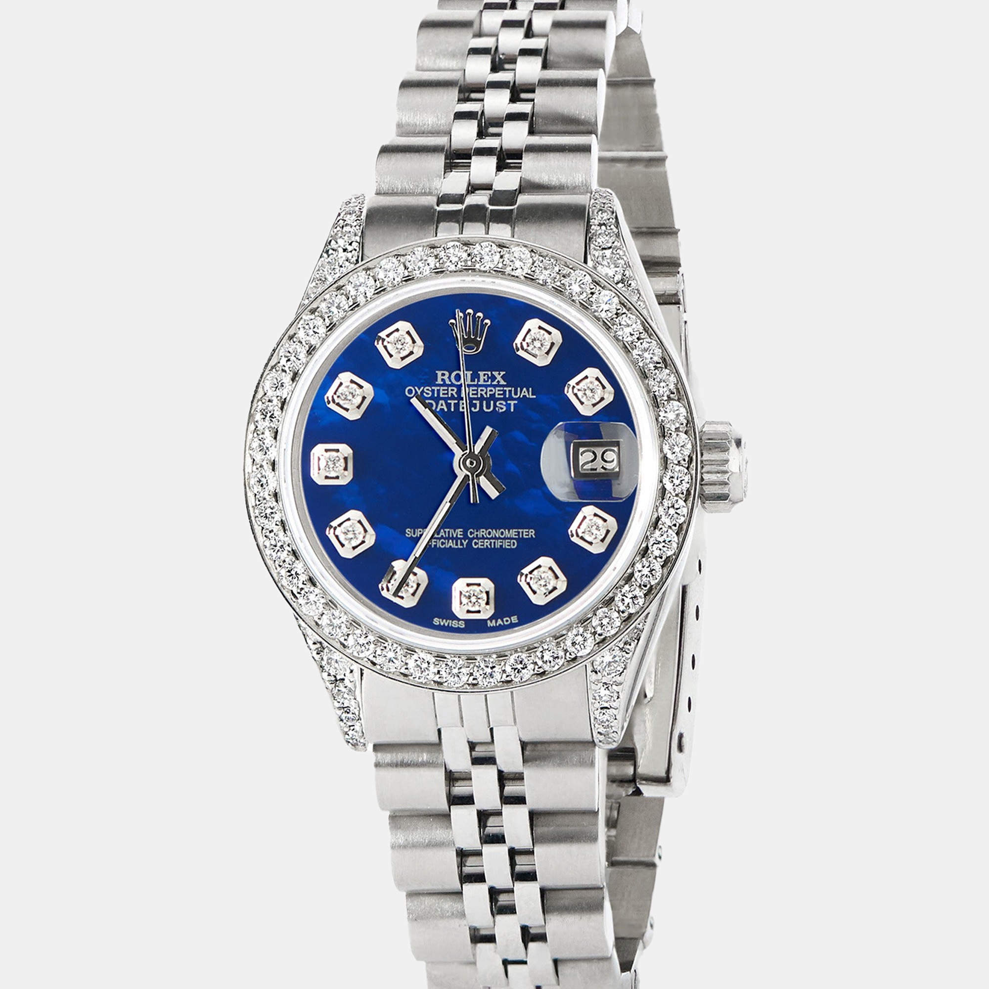 Rolex Customised Royal Blue MOP Diamond Stainless Steel Datejust  Automatic Women's Wristwatch 26mm