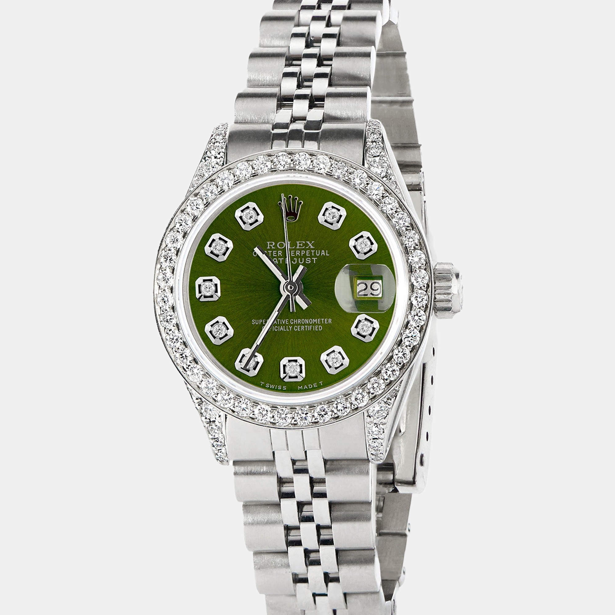 Rolex Customised Royal Green Diamond Stainless Steel Datejust  Automatic Women's Wristwatch 26mm