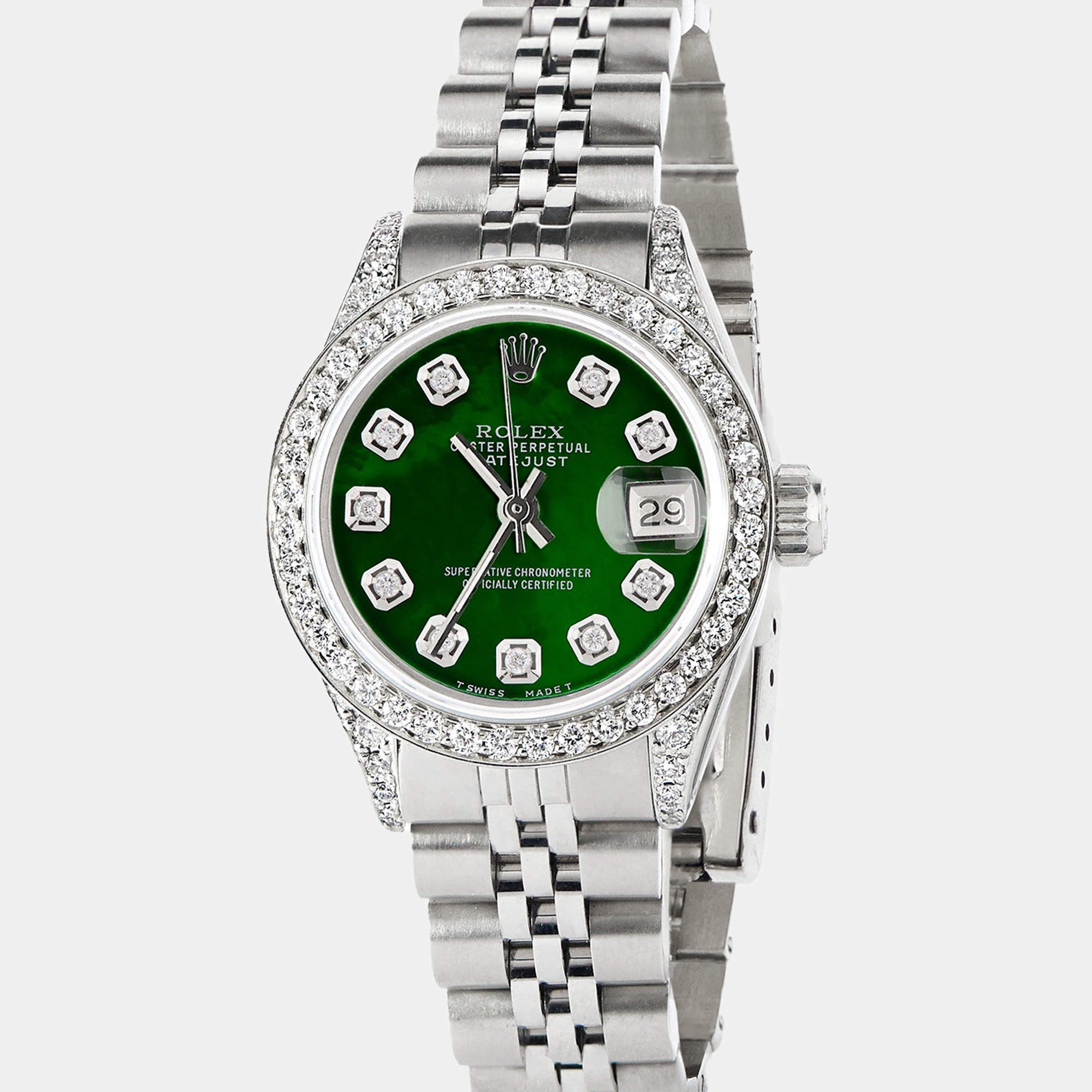 Rolex Customised Royal Green MOP Diamond Stainless Steel Datejust  Automatic Women's Wristwatch 26mm
