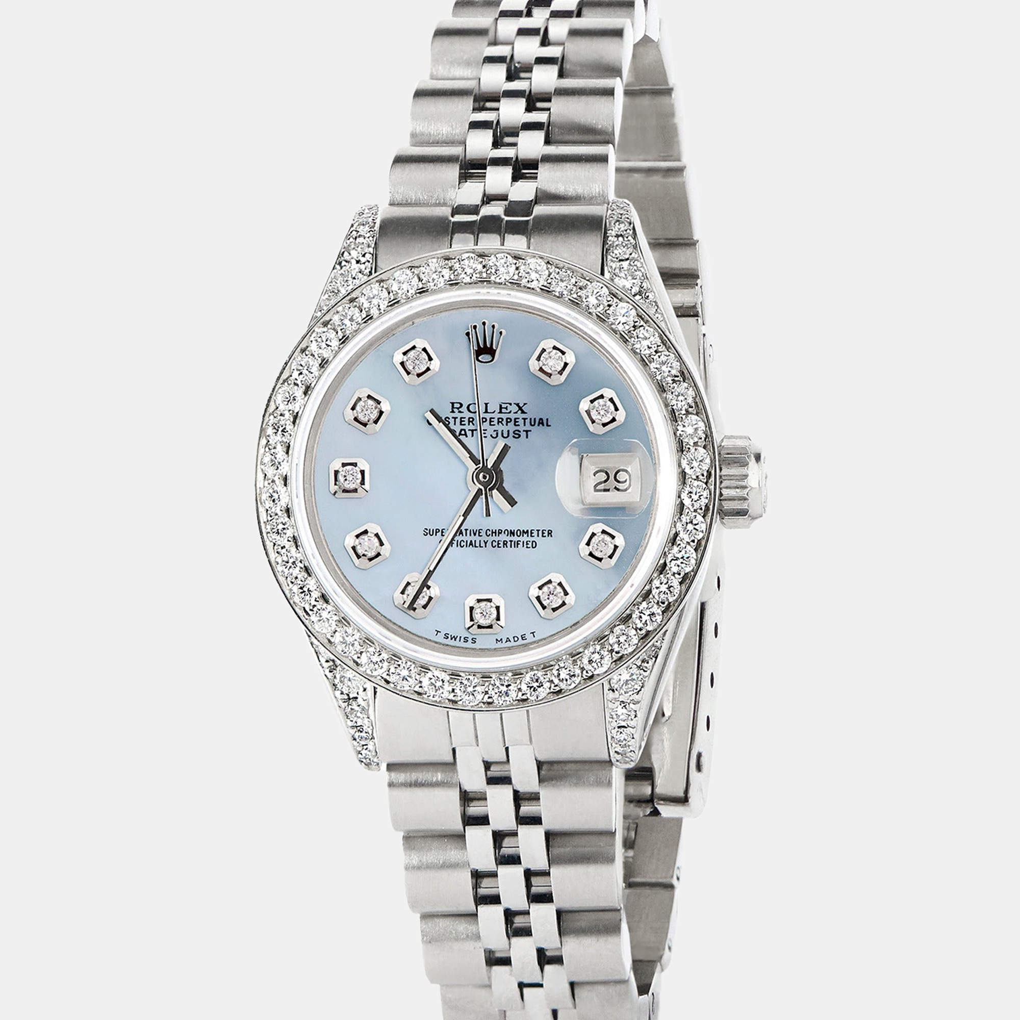 Pre Owned Rolex Customised Sky Blue MOP Diamond Stainless Steel Datejust Automatic Women's Wristwatch 26mm