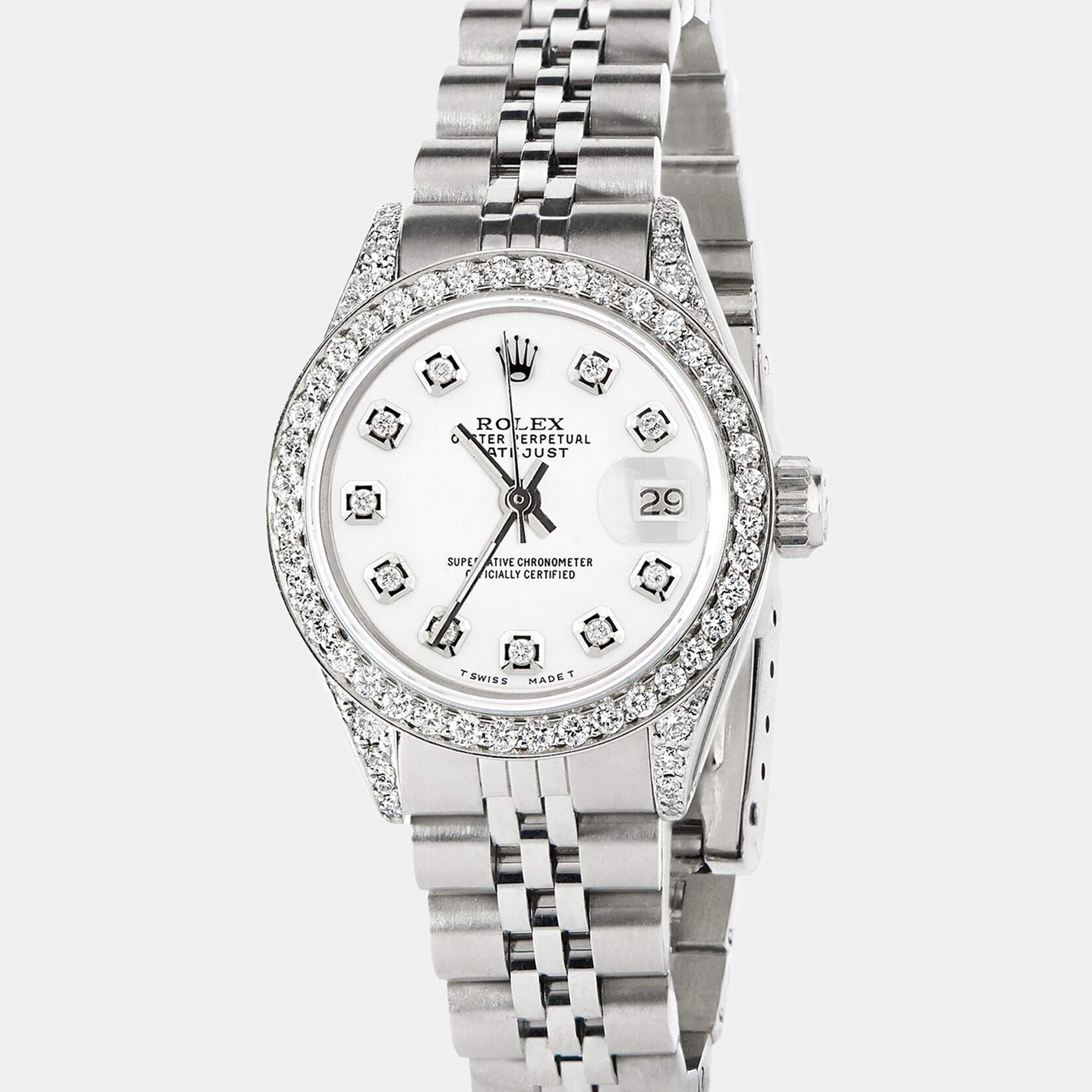 Rolex Customised White Diamond Stainless Steel Datejust  Automatic Women's Wristwatch 26mm