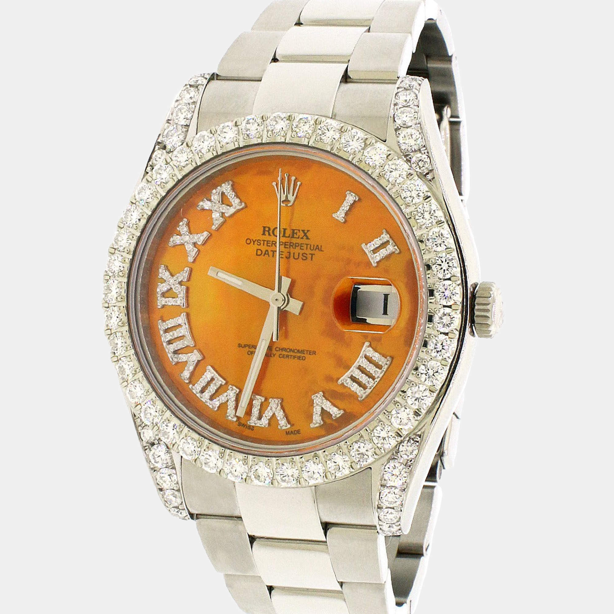 Rolex Customised Orange MOP 4.65CT Diamond Stainless Steel Datejust II 116300 Automatic Men's Wristwatch 41mm