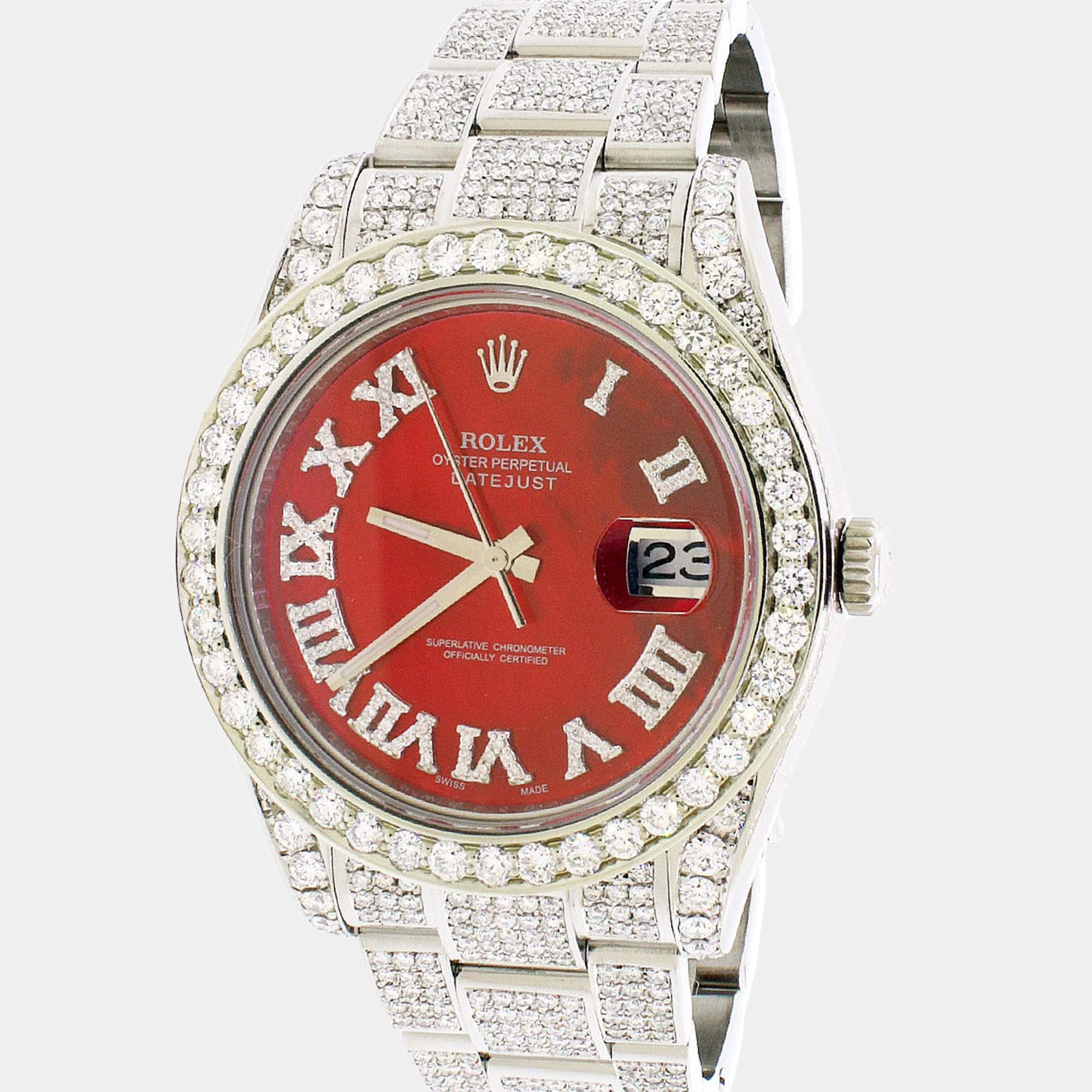 Rolex Customised Red MOP 11CT Diamond Stainless Steel Datejust II 116300 Automatic Men's Wristwatch 41mm