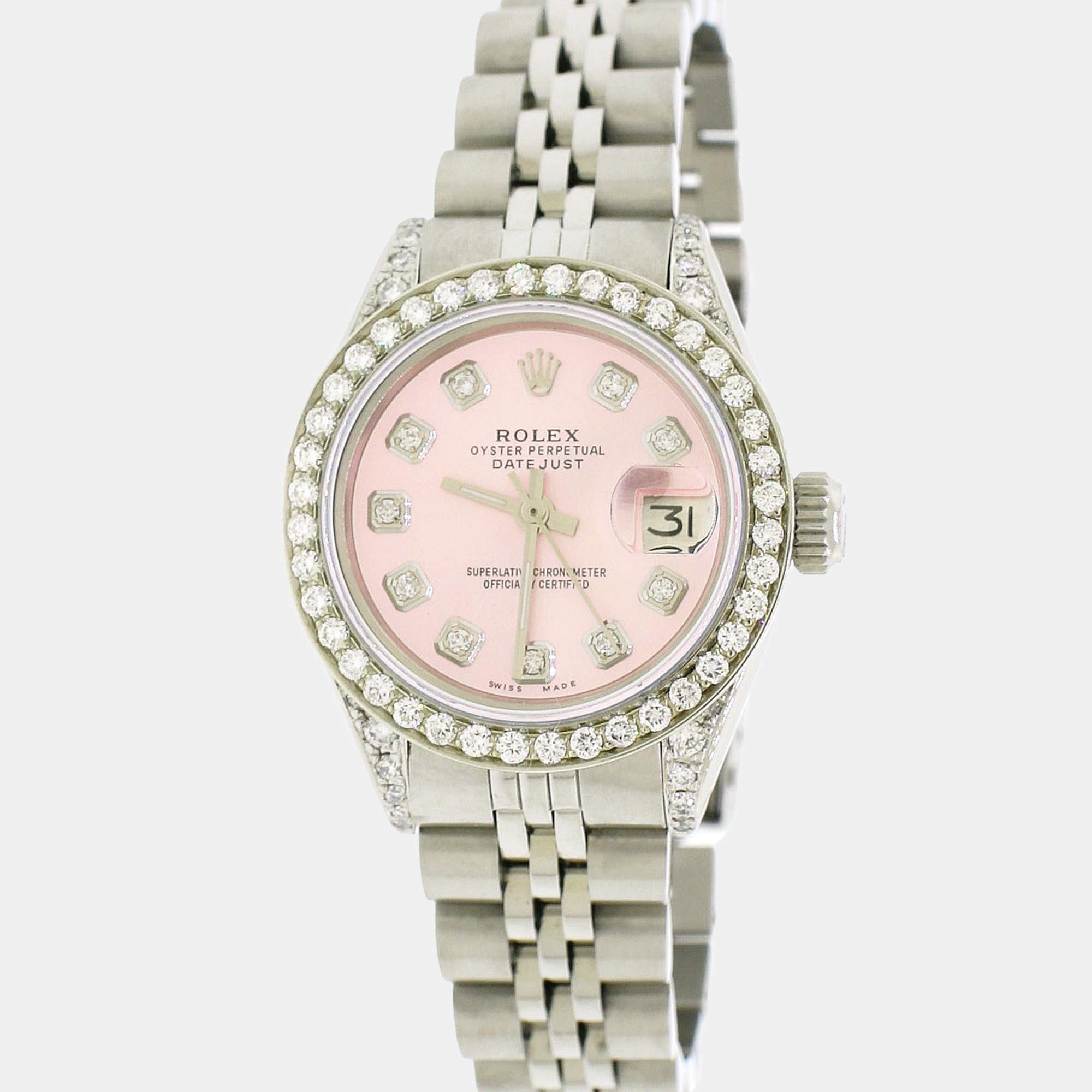Rolex Customised Ice Pink Diamond Stainless Steel Datejust  Automatic Women's Wristwatch 26mm
