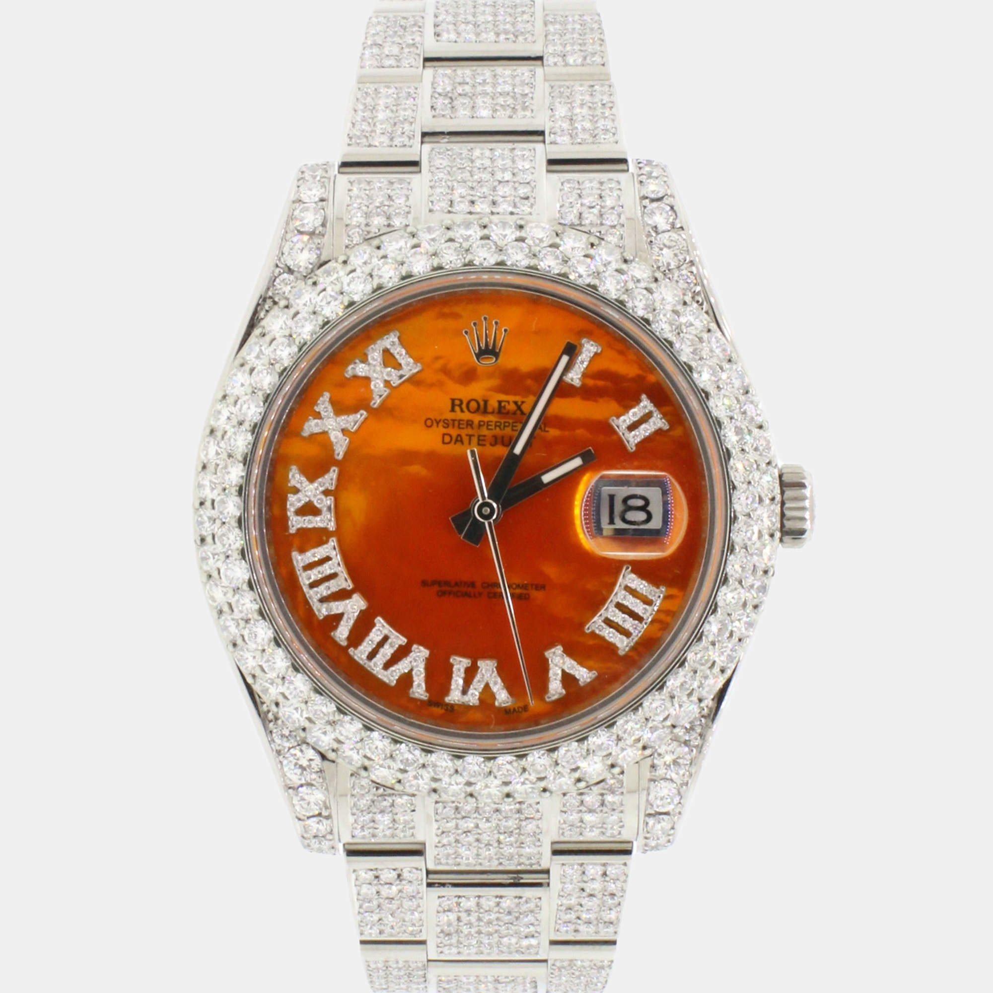 Rolex Customised Orange MOP 13.1CT Diamond Stainless Steel Datejust II 116300 Automatic Men's Wristwatch 41mm