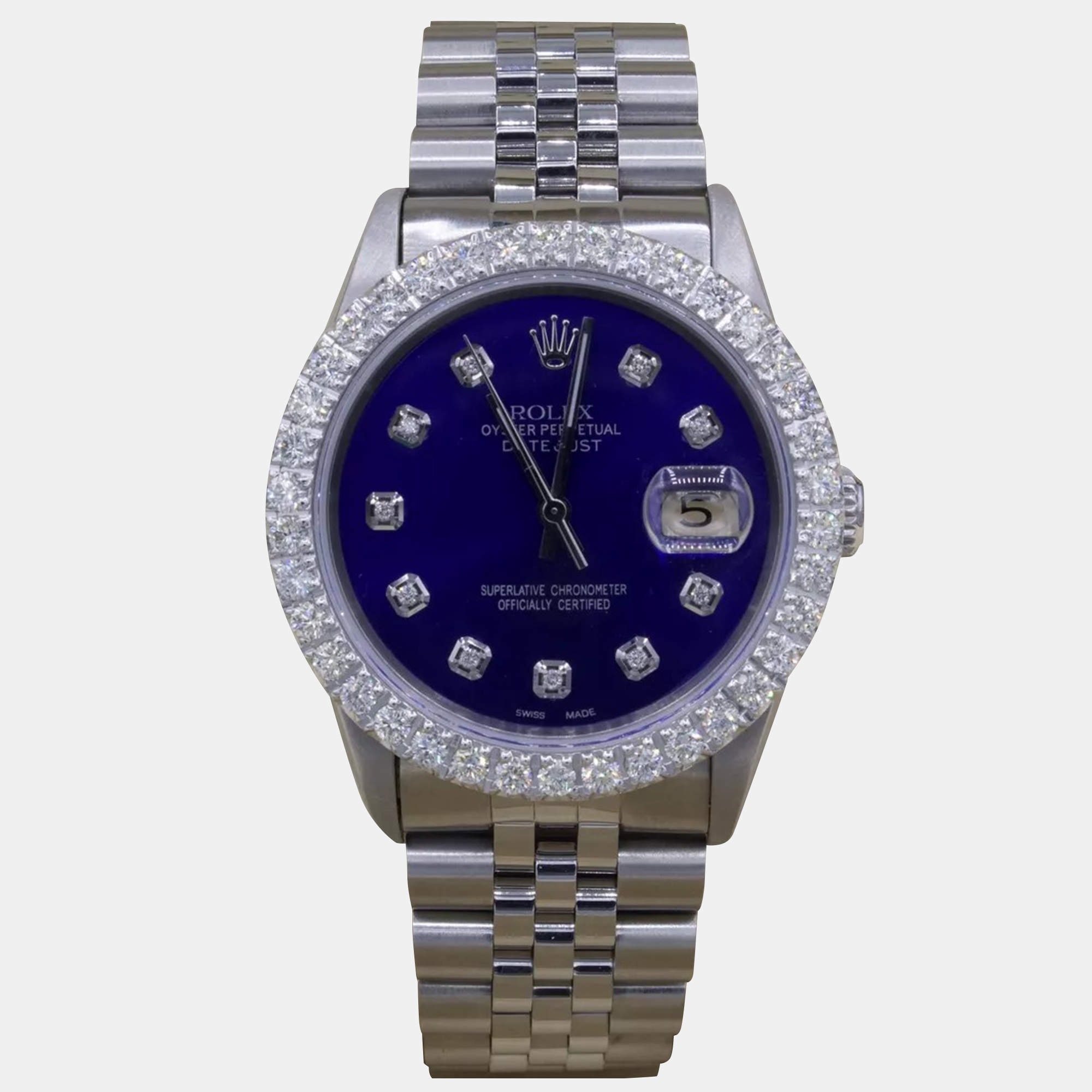 Rolex Customised Blue 3CT Diamond Stainless Steel Datejust  Automatic Men's Wristwatch 36mm