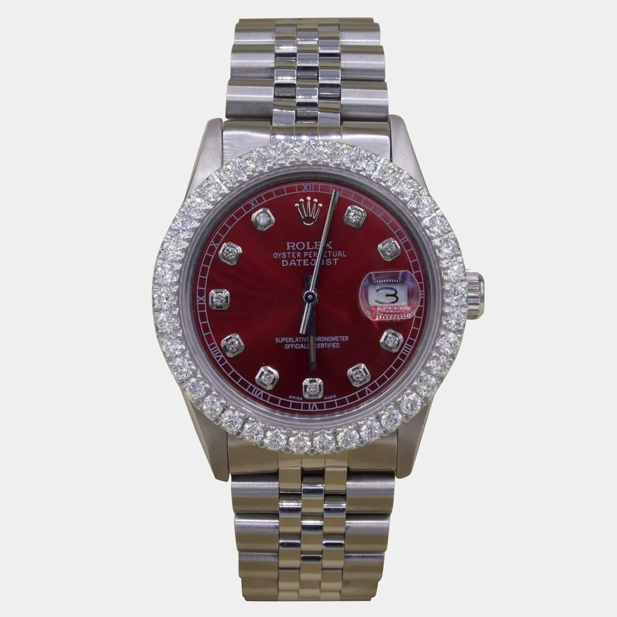 Rolex Customised Red 3CT Diamond Stainless Steel Datejust  Automatic Men's Wristwatch 36mm