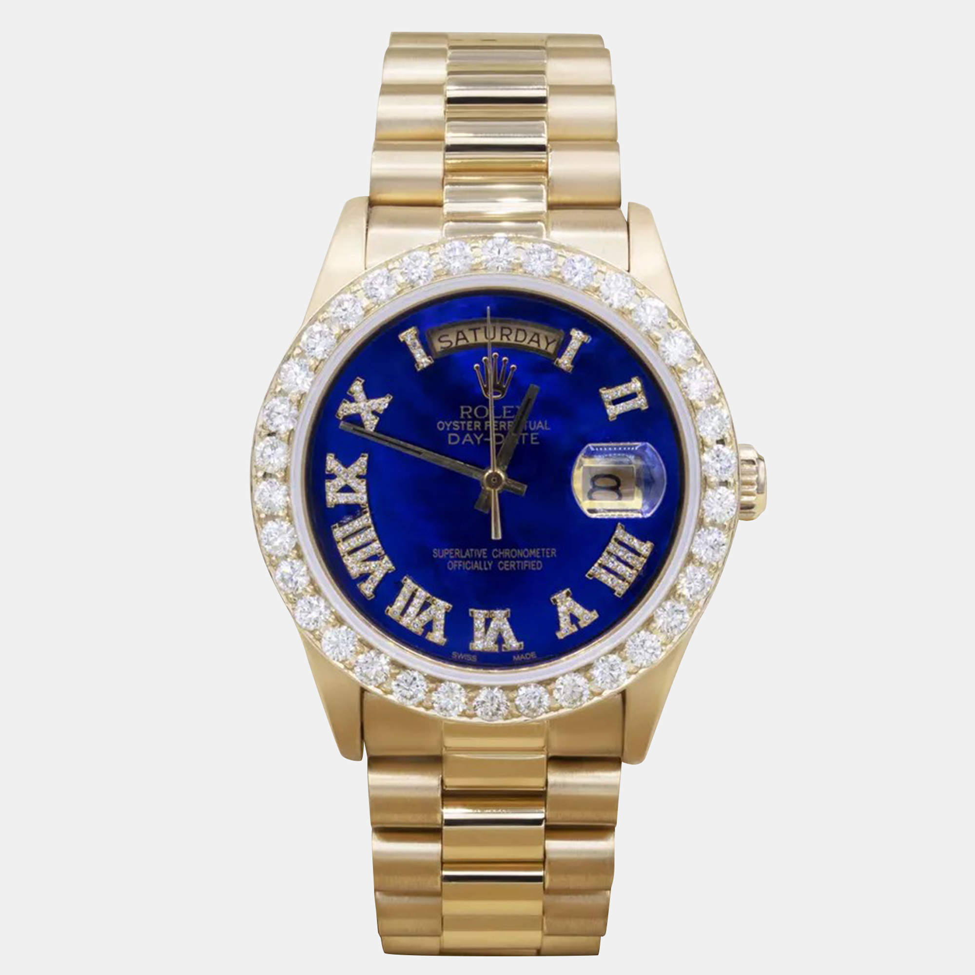 Rolex Customised Blue MOP Diamond 18K Yellow Gold Day-Date  Automatic Men's Wristwatch 36mm
