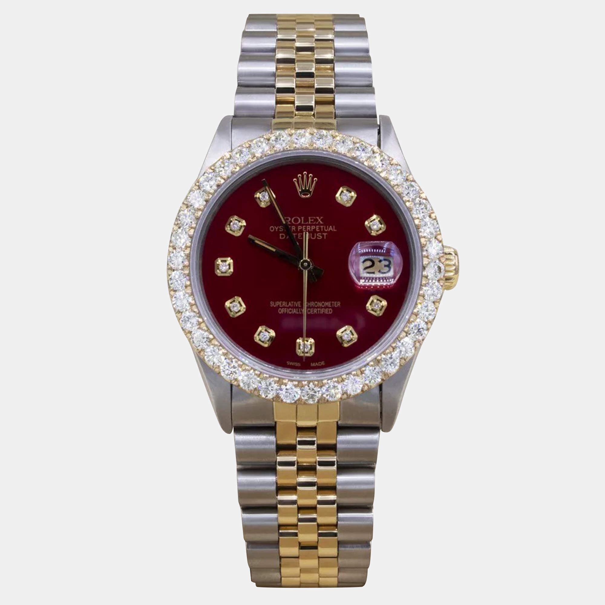 Rolex Customised Red 3CT Diamond 18K Yellow Gold Stainless Steel Datejust  Automatic Men's Wristwatch 36mm