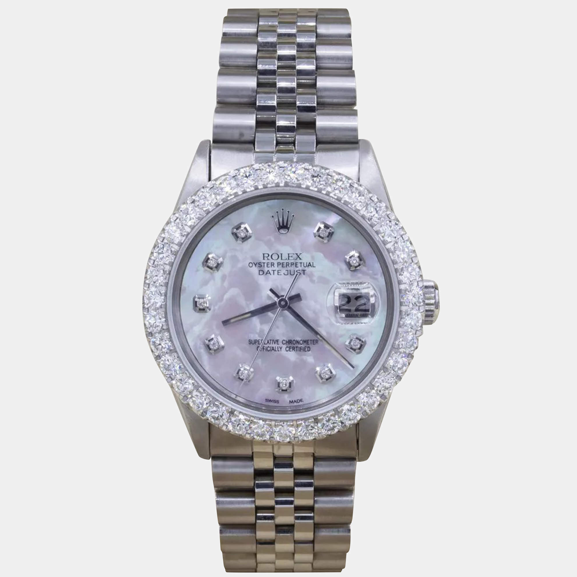 Rolex Customised White MOP 3CT Diamond Stainless Steel Datejust  Automatic Men's Wristwatch 36mm