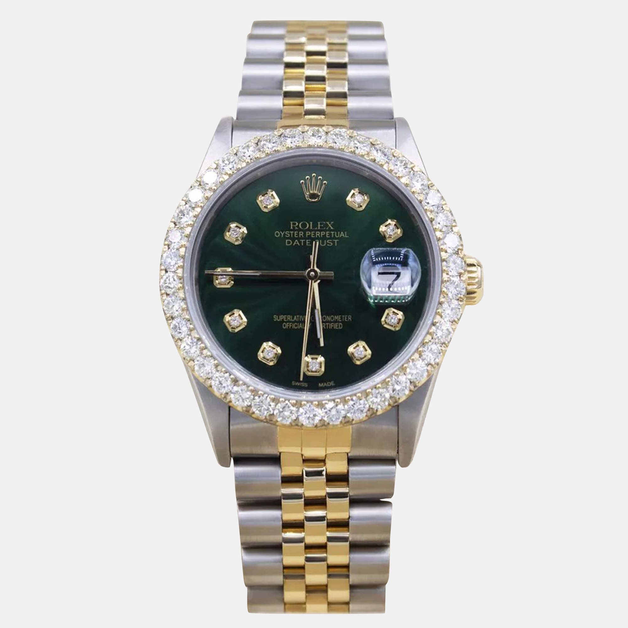 Rolex Customised Green 3CT Diamond 18K Yellow Gold Stainless Steel Datejust  Automatic Men's Wristwatch 36mm