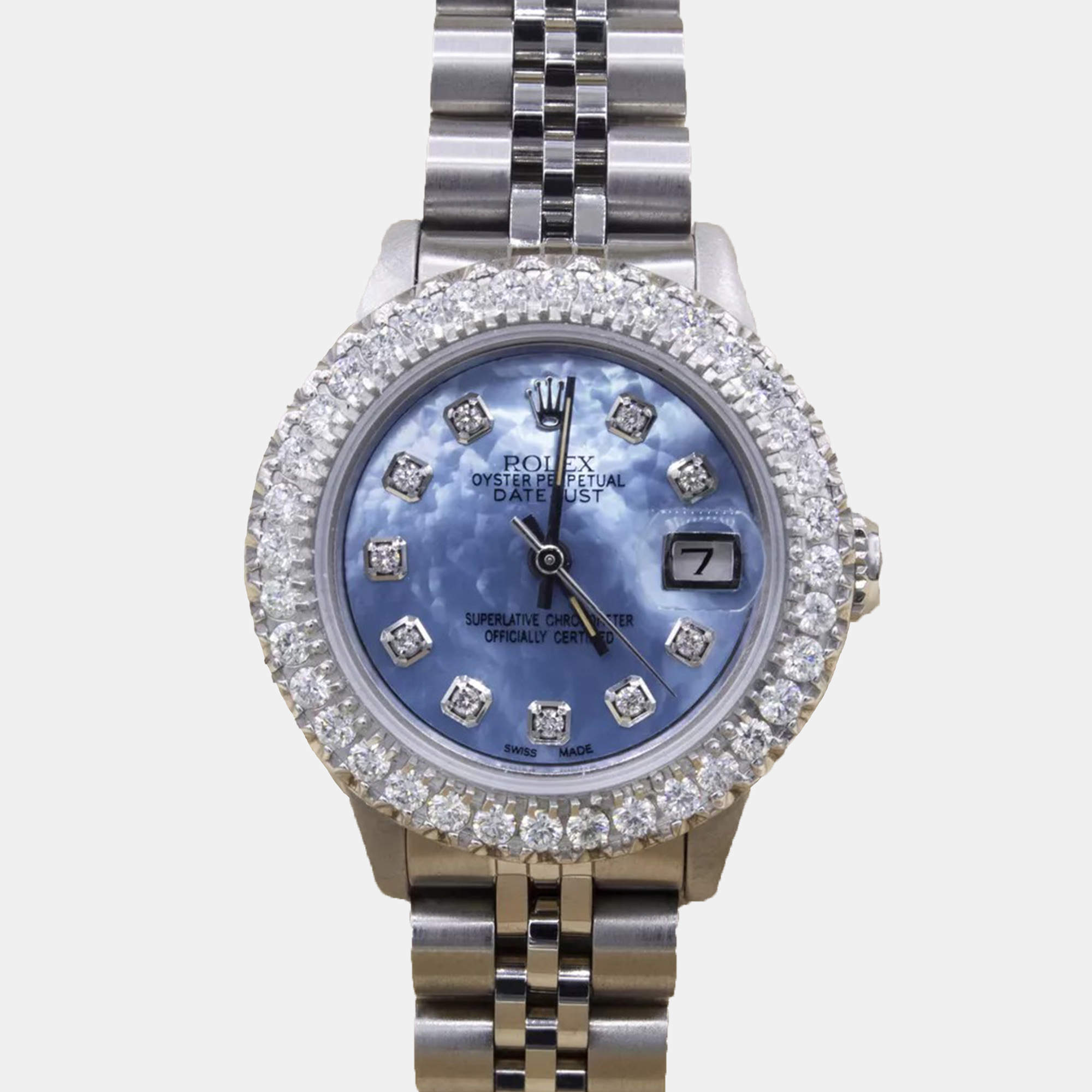 Pre Owned Rolex Customised Sky Blue MOP 2CT Diamond Stainless Steel Datejust Automatic Women's Wristwatch 26mm