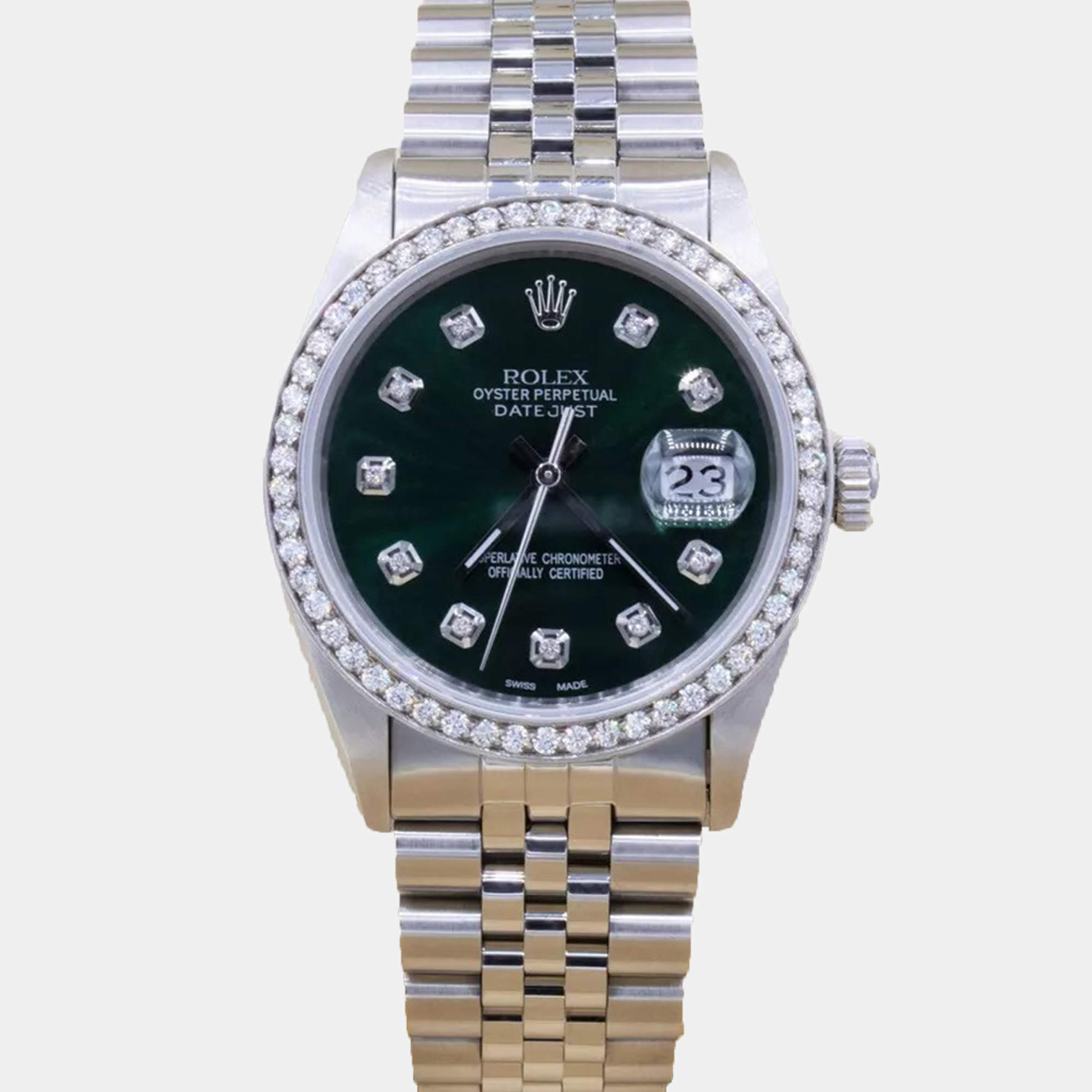 Rolex Customised Green 1.15CT Diamond Stainless Steel Datejust  Automatic Men's Wristwatch 36mm